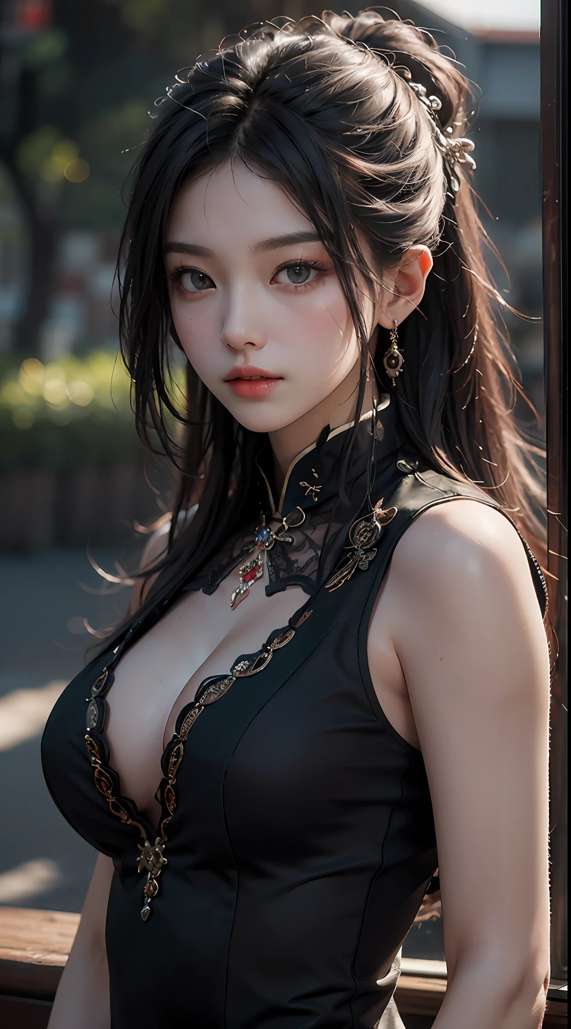 Best Quality, (RAW Photos: 1.2), (Masterpiece: 1.4), (Realistic: 1.4), (High resolution: 1.4), Chinese actress Gulinazha, depth of field, intricate details, 8k, very detailed, perfect lighting, epic background, big bust 1.3, girl group makeup