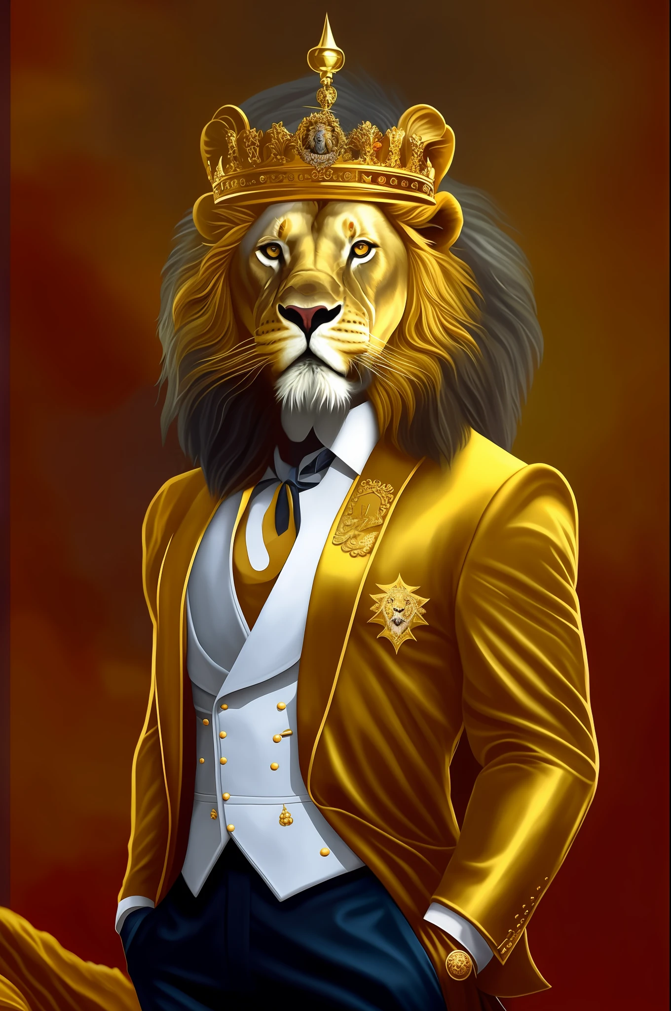 painting of a lion wearing a suit and a crown, portrait of a king, king of the jungle, king of capitalism, 2 d full body lion, lion with crown, king of kings, lord of the jungle, aslan the lion, lion, lion warrior, by derek zabrocki, majesty in noble clothes, lord of beasts, amazing wallpaper