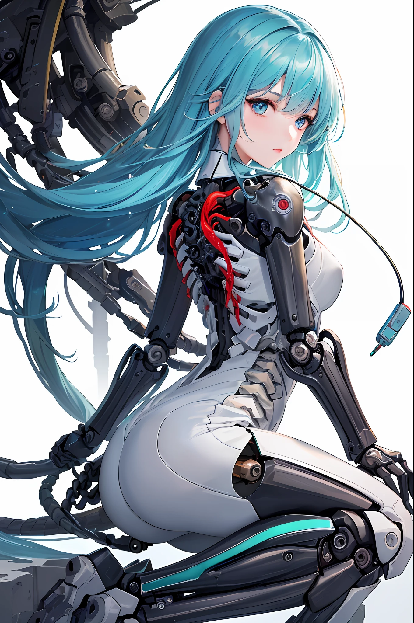 (Masterpiece, Top Quality, Best Quality, Official Art, Beautiful Indulgence: 1.2), (1 Girl: 1.3), Very Detailed, Colorful, Supreme Detail ((Ultra Detailed)), (Highly Detailed CG Illustration), (Very Delicate and Beautiful)), (From the Side), Cinematic Light, (1 Machine Girl)), Solo, Full Body, (Mechanical Joints: 1.2), ((Mechanical limbs)), (Blood vessels connected to tubes), ( Mechanical vertebrae attached to the back), ((Mechanical cervical vertebrae attached to the neck)), (sitting), expressionless, (wires and cables attached to the neck: 1.2), (Head wires and cables: 1.2) (Character focus), Science fiction, white background, (Blood: 1.5), Sharp Focus, (Beautiful gorgeous cute Korean woman: 1.3), ( Beautiful cute korean woman:1.3), Korean beauty, delicate and beautiful hair and eyes and face, realistic, super detailed, beautiful girl, glowing white particles, (sidelight:1.2), big, long straight hair, sexy look, dynamic hair, detailed platinum mint green hair, shining blue eyes, wolf hair
