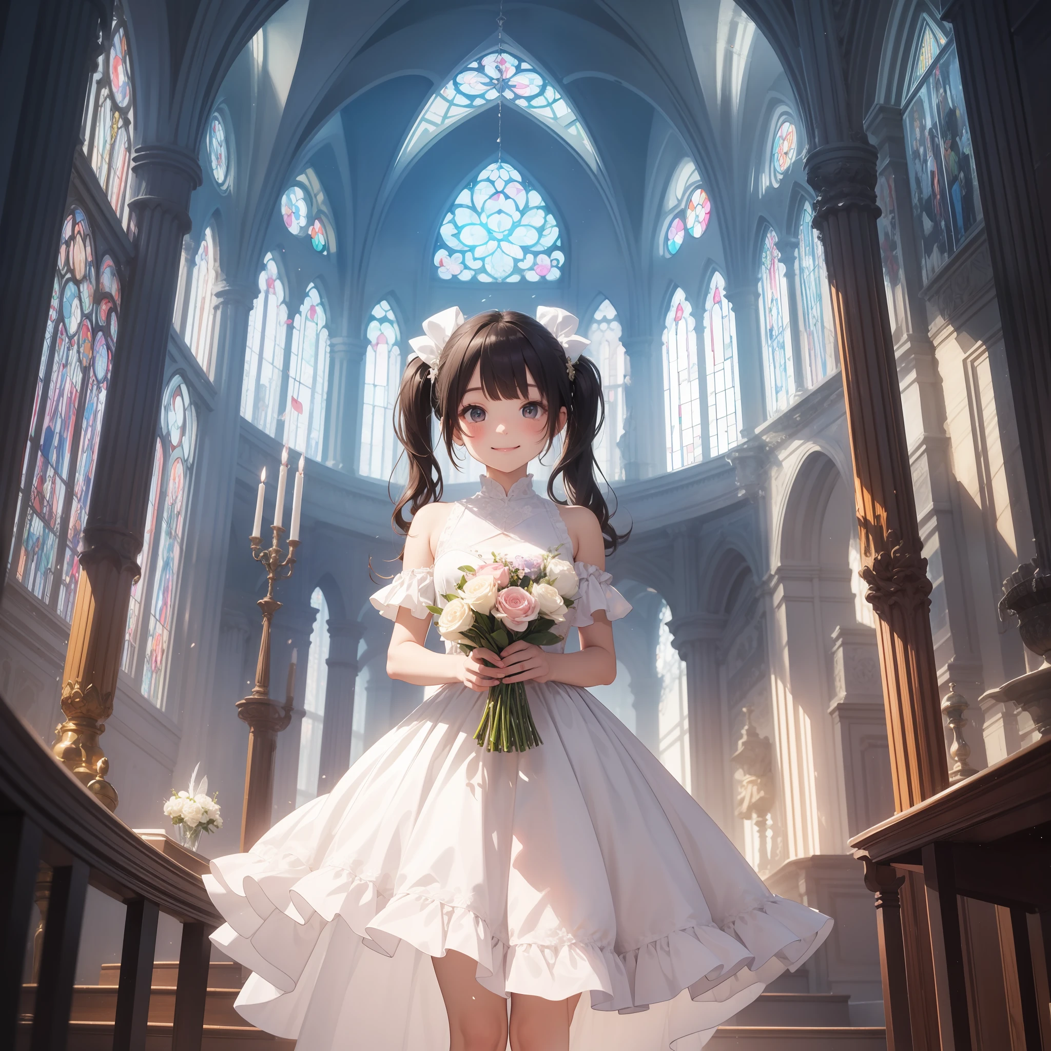 2D: 9, illusion, hazy painting style, watercolor, blessing smile, smile with closed mouth, neat, dainty, drooping, round eyes, bruises, meek, cute, composition looking up from below diagonally, holding a large luxurious bouquet in hand, clear sunlight, 1 little girl, twin tails, long ribbons, young face, round poyo, beautiful hair fastening, gorgeous embroidered dress, luxurious dress, dress with frills, Natural makeup, world drawn with stained glass, Kaleidoscope tone, feather breath,