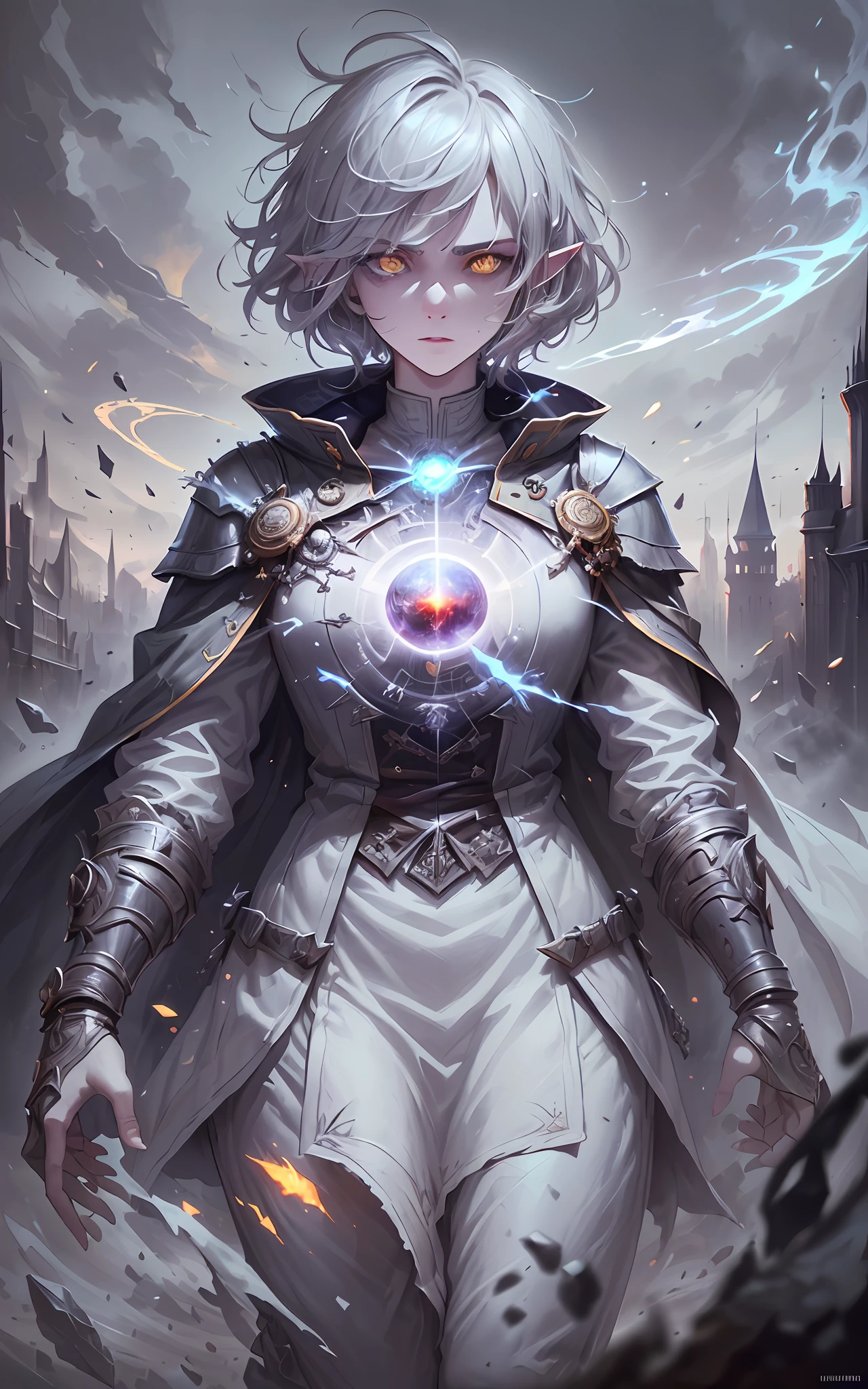 (full body shot:1.3),(((masterpiece))), (((best quality))), ((ultra-detailed)), (cinematic lighting), (illustration), (beautiful detailed eyes), (1girl), depth of field, (((masterpiece, high quality, highres, 1girl,detailed background, detailed eyes, good eyes, serious, fog, pose, magic aura, good anatomy, dreamy))), girl, (elf ears, young, cute face, looking away, skinny, thin:1.2), (arcane circle:1.3),thin, fragile, straight hair, messy hair, (windy hair:1.3), kingsglaive garb, (white with red accents coat, victorian coat, assasin coat, military coat, pants, boots), adventurer clothes,glowing eyes, (grey hair:1.3), (bob cut:1.2), (yellow eyes), glow white particles,medieval ruins background