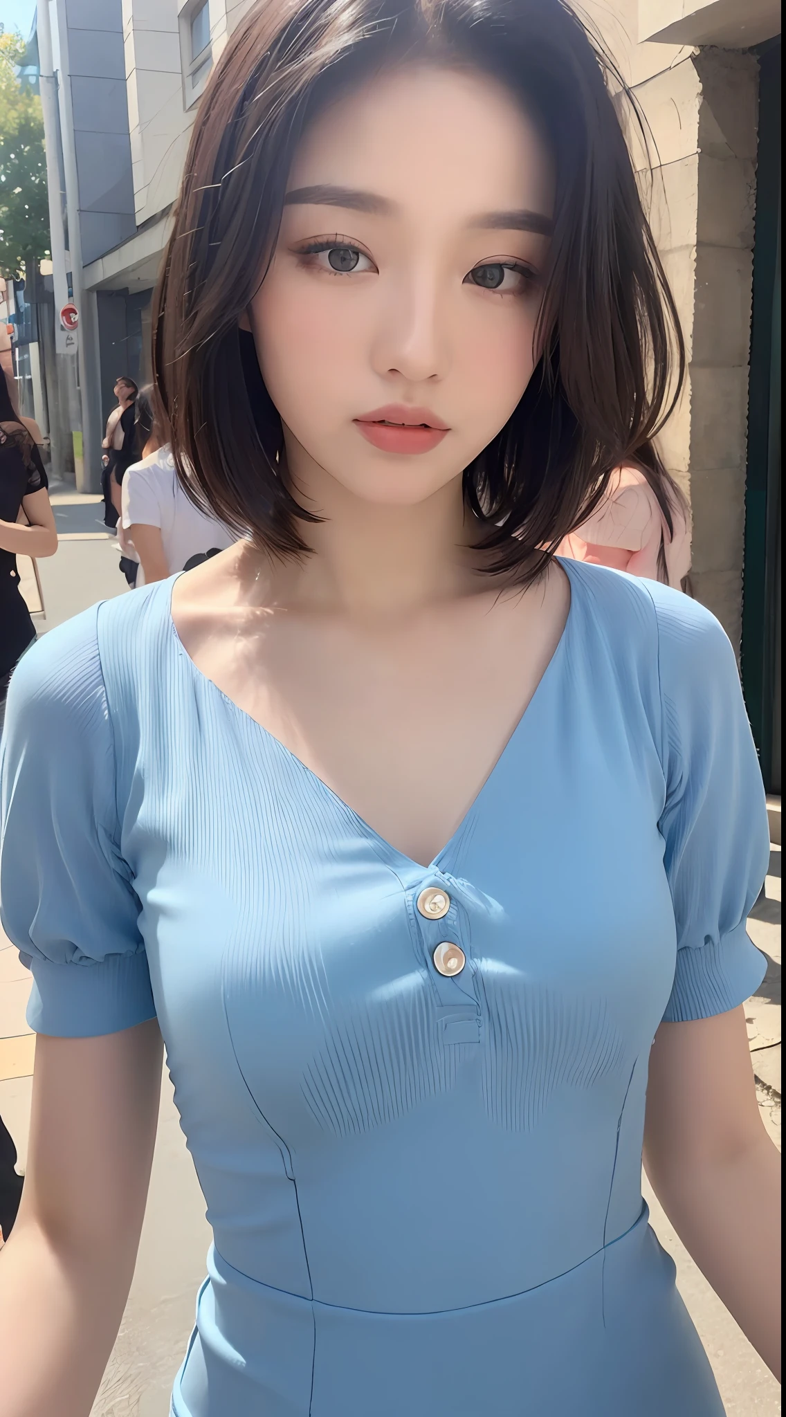 ((Best quality, 8k, Masterpiece :1.3)), Sharp focus :1.2, Perfect Body Beauty:1.4, Slim Abs:1.2, (Short Layered Hair:1.2)), (Summer dress, shirt:1.1 ), (Street:1.2), Highly detailed face and skin texture, Fine eyes, Double eyelids, slightly raised head,