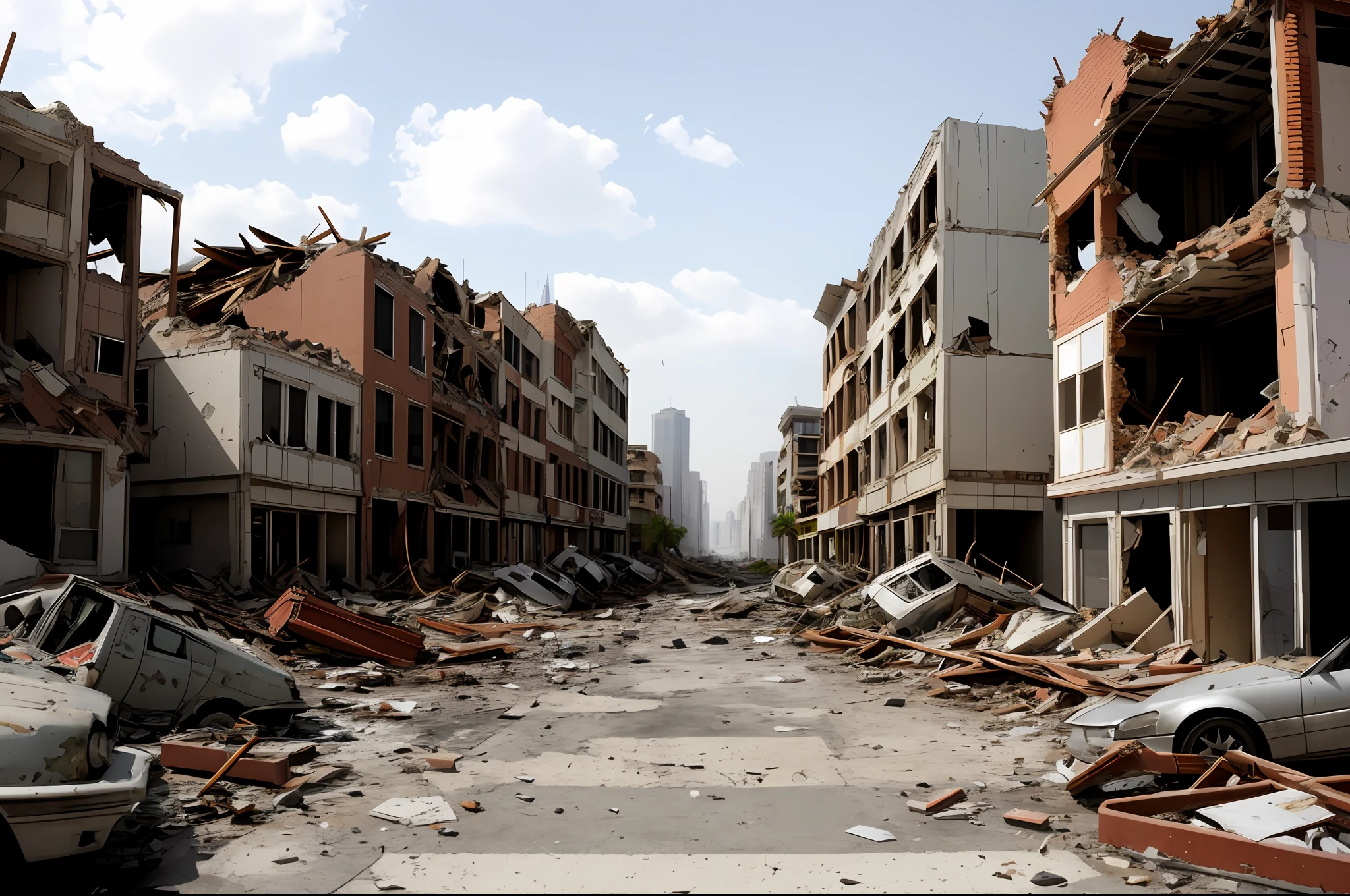 Ruined cityscapes with crumbling buildings and debris-filled streets, depicting the aftermath of destruction.