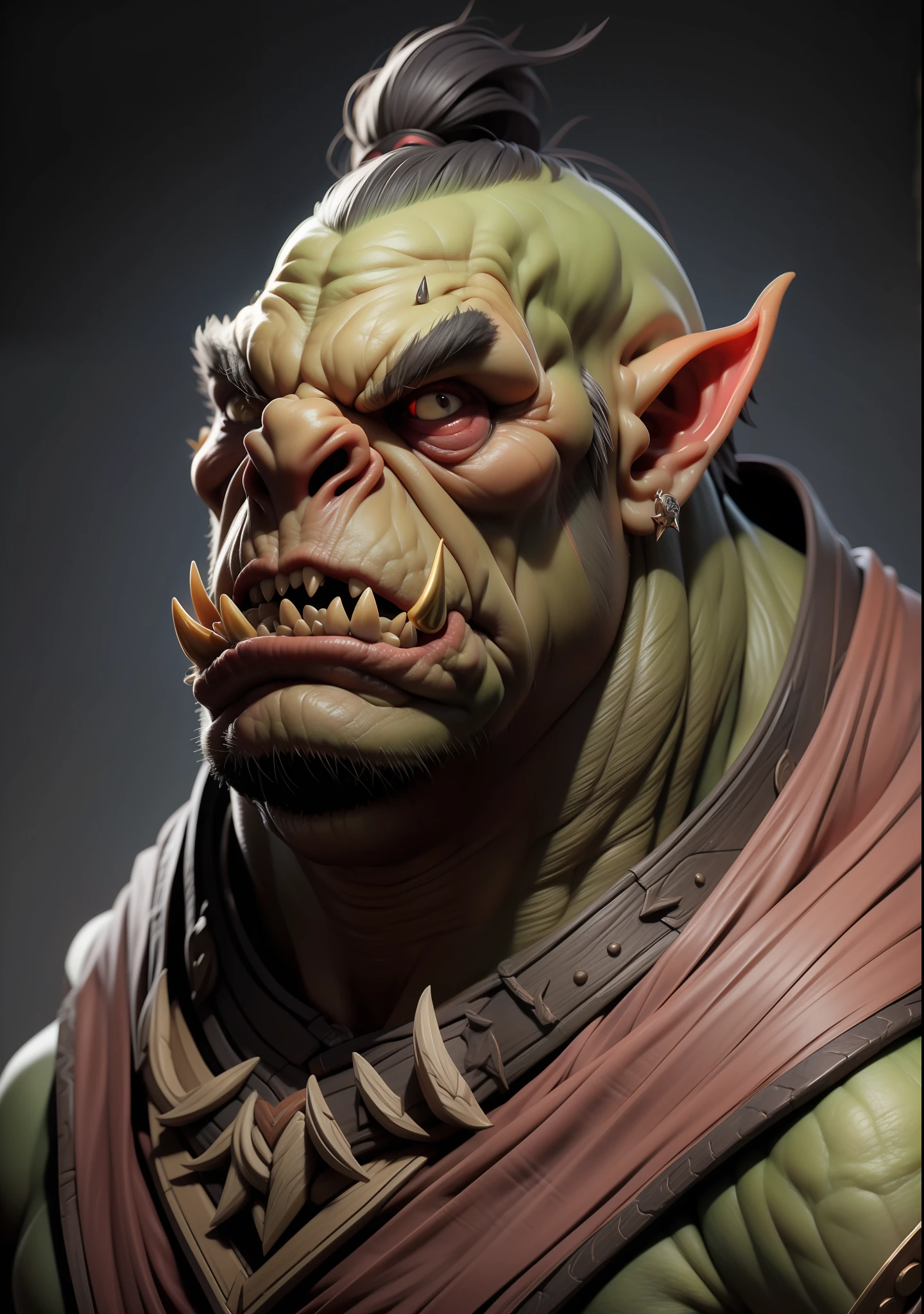 Closeup profile portrait, Orc (warcraft) warrior, boar fangs, terror, horror, ultra realistic, angry, chaos as Background --s 750