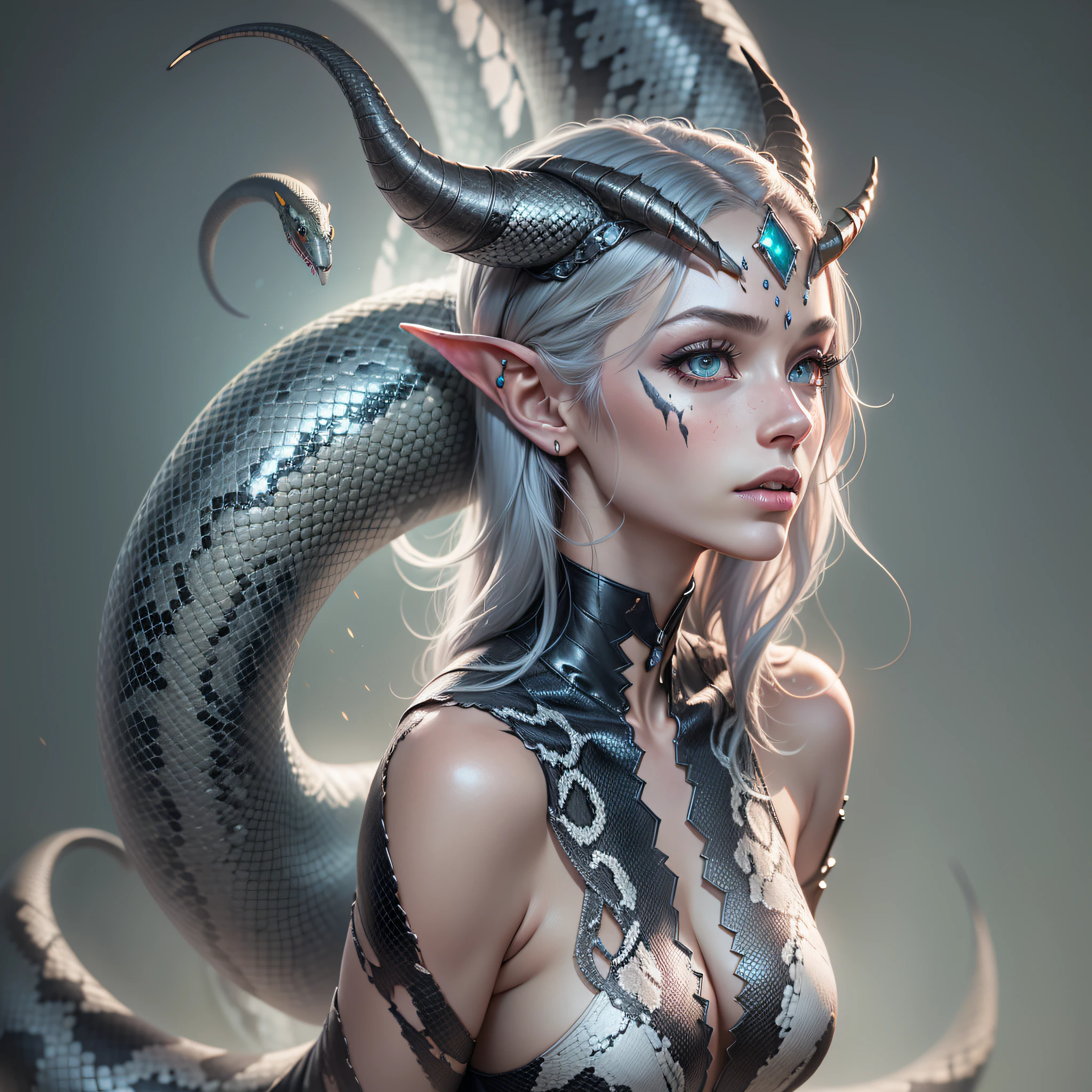 Half snake woman (anthropomorphic, beauty, elongated horns on the head), with snake tail, ultrarealistic, clear details, (full body), 4k, (original), cg, skin scales, fracture, masterpiece, original photo, sfw, (super detailed), sharply focused, pastel colors, 4k, 8mm, bright