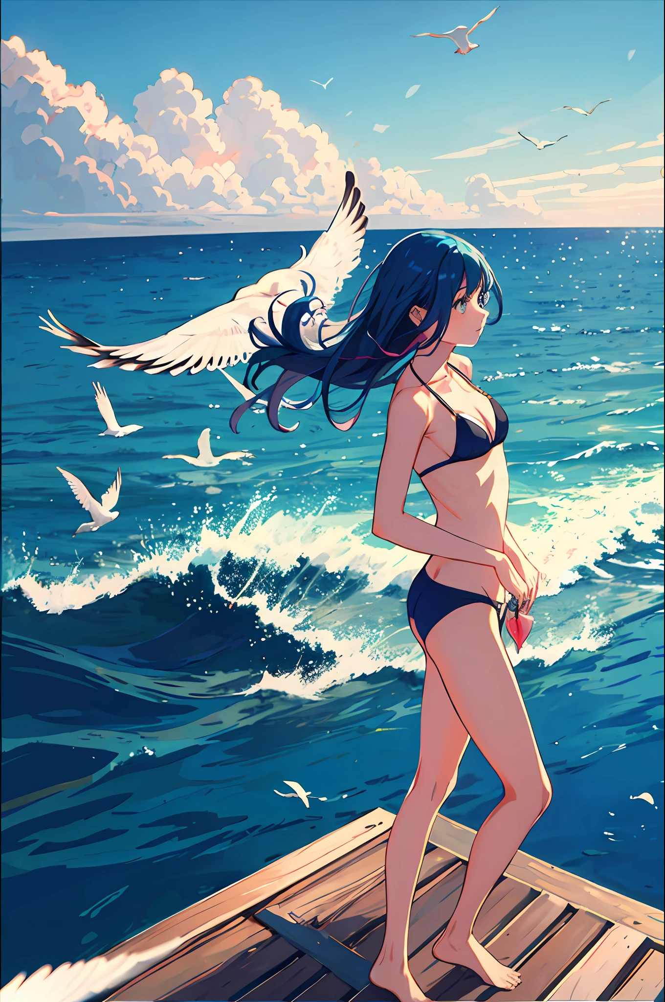 1 Girl, Seagull, Epilogue, Ocean, Bikini, Normal, Long Hair, Short Blue Hair