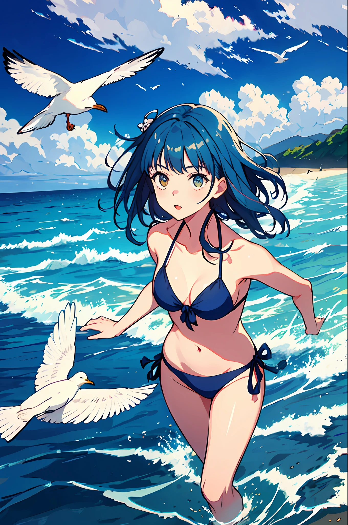 1 Girl, Seagull, Epilogue, Ocean, Bikini, Normal, Long Hair, Short Blue Hair