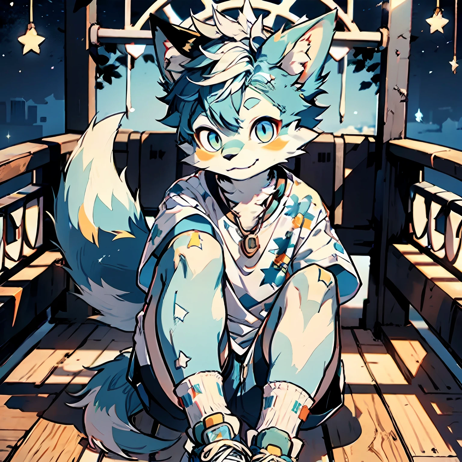 Inside the Ferris wheel, city, night, starry sky, single, orc Shota, light blue hair everywhere, light blue fur everywhere, super cute face, light blue cat ears, light blue short hair, silver necklace, left pupil golden, right pupil sky blue, band-aid on the bridge of the nose, squint, smile, powder blue shawl, white T-shirt, collarbone, woven bracelet, band-aid on the jaw, shorts, large and fluffy fox tail, three tails, white socks, sky blue low-state sneakers, 3D, background blur, look at the reader, look down