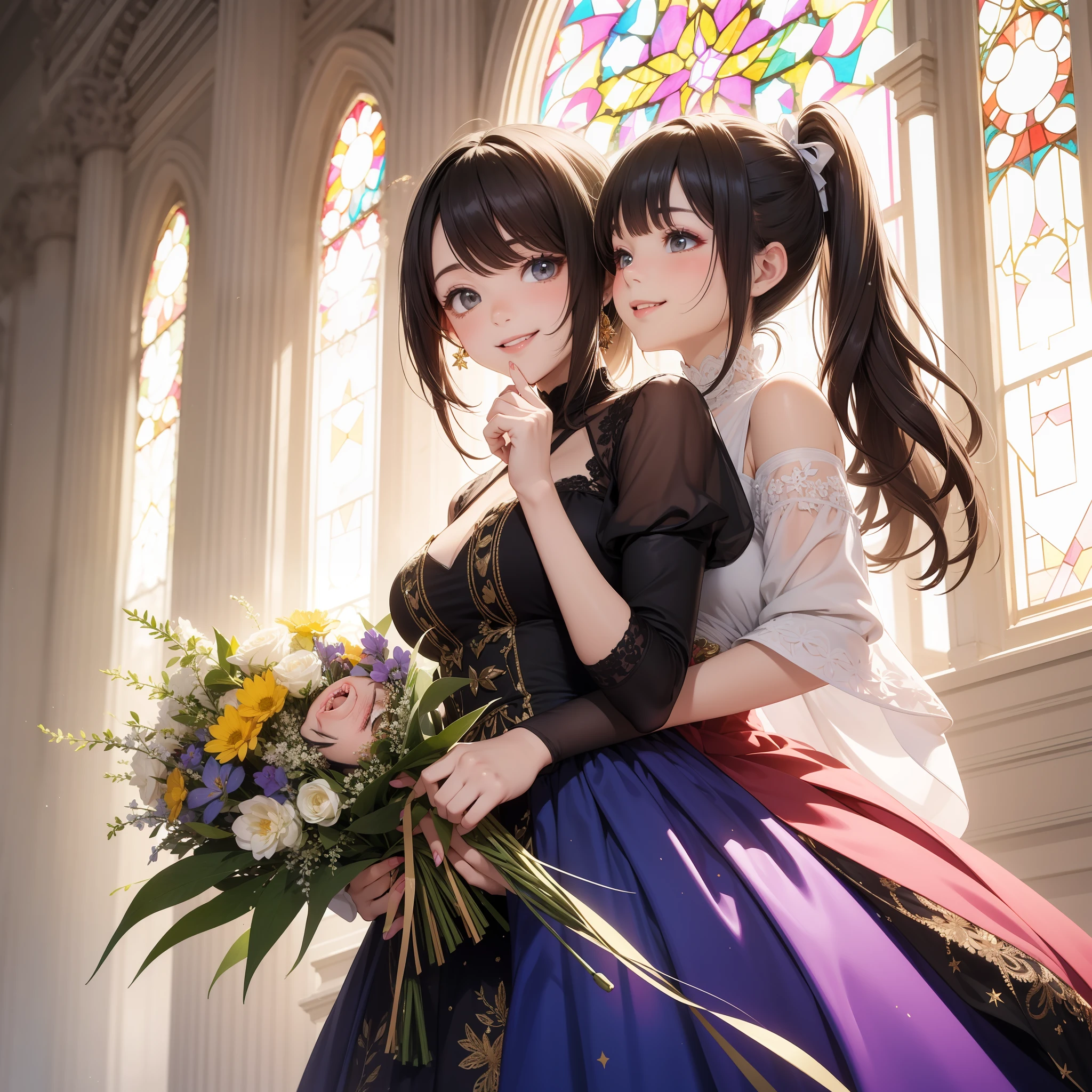 2D: 9, Crayon painting, pastel colors, illusion, hazy style, watercolor, congratulatory smile, smile with closed mouth, neat, dainty, drooping, round, bruising, meek, cute, composition looking up from diagonally below, holding a large luxurious bouquet in hand, clear sunlight, 1 little girl, twin tails, long ribbon, young face, round poyo, beautiful hair fastening, gorgeous embroidered dress, Luxurious dresses, dresses with frills, natural makeup, a world painted with stained glass, a kaleidoscopic dazzling world,