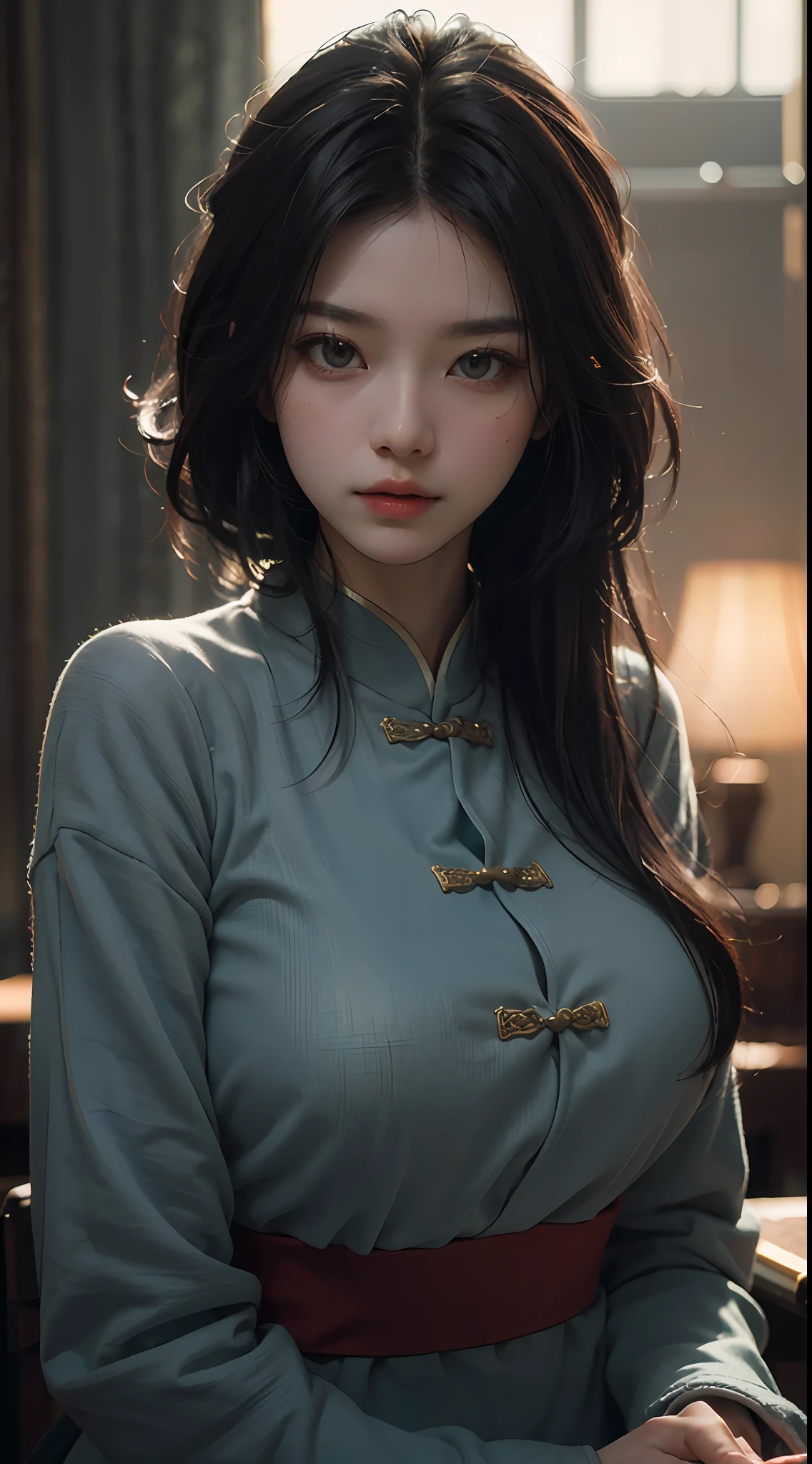Best Quality, (RAW Photos: 1.2), (Masterpiece: 1.4), (Realistic: 1.4), (High Resolution: 1.4), Chinese actress Gulinazha, depth of field, intricate details, 8k, very detailed, perfect lighting, epic background, big bust 1.3, student wear