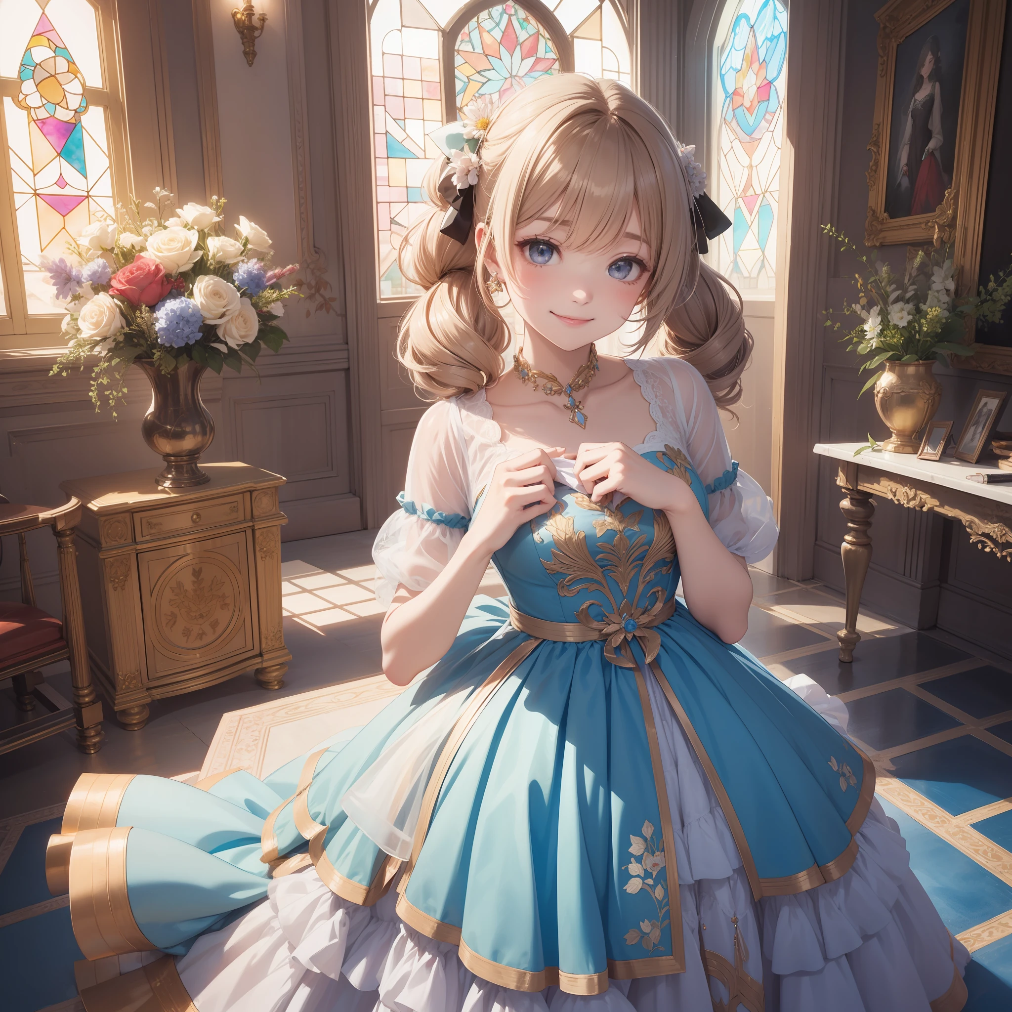 2D: 9, Crayon painting, pastel colors, illusion, hazy style, watercolor, congratulatory smile, smile with closed mouth, neat, dainty, drooping, round, bruising, meek, cute, composition looking up from diagonally below, holding a large luxurious bouquet in hand, clear sunlight, 1  girl, twin tails, long ribbon, young face, round poyo, beautiful hair fastening, gorgeous embroidered dress, Luxurious dresses, dresses with frills, natural makeup, a world painted with stained glass, a kaleidoscopic dazzling world,