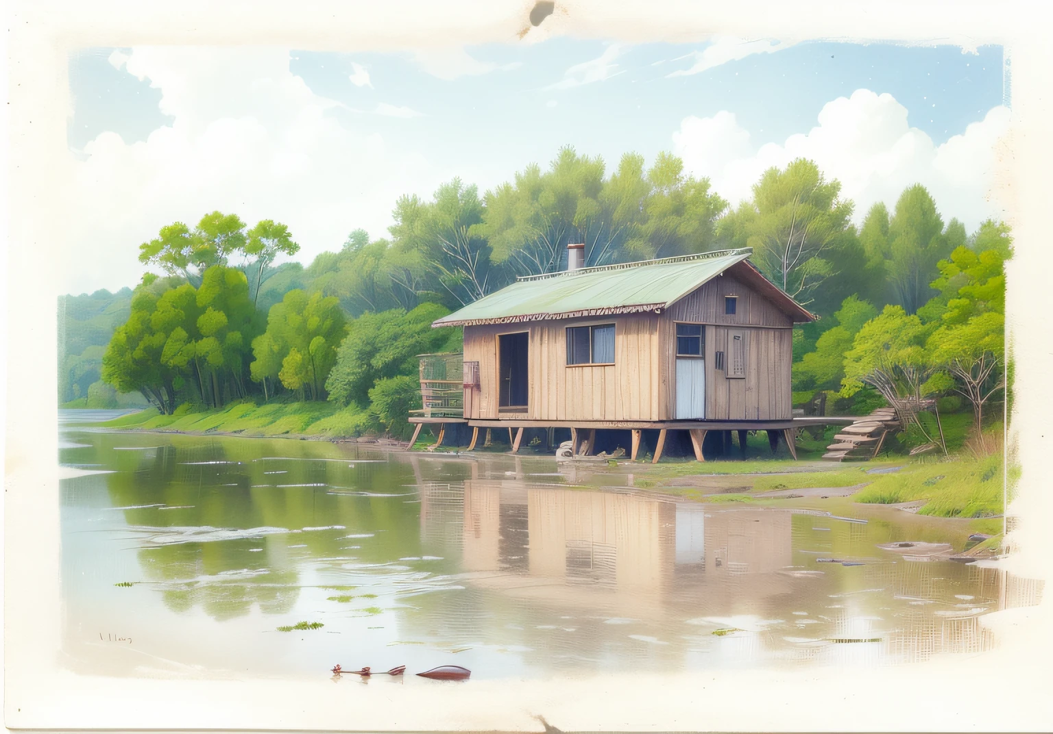 simple wooden riverside house in nocturnal environment with many trees and starry sky and river with muddy waters and a typical canoe of the Amazon --auto