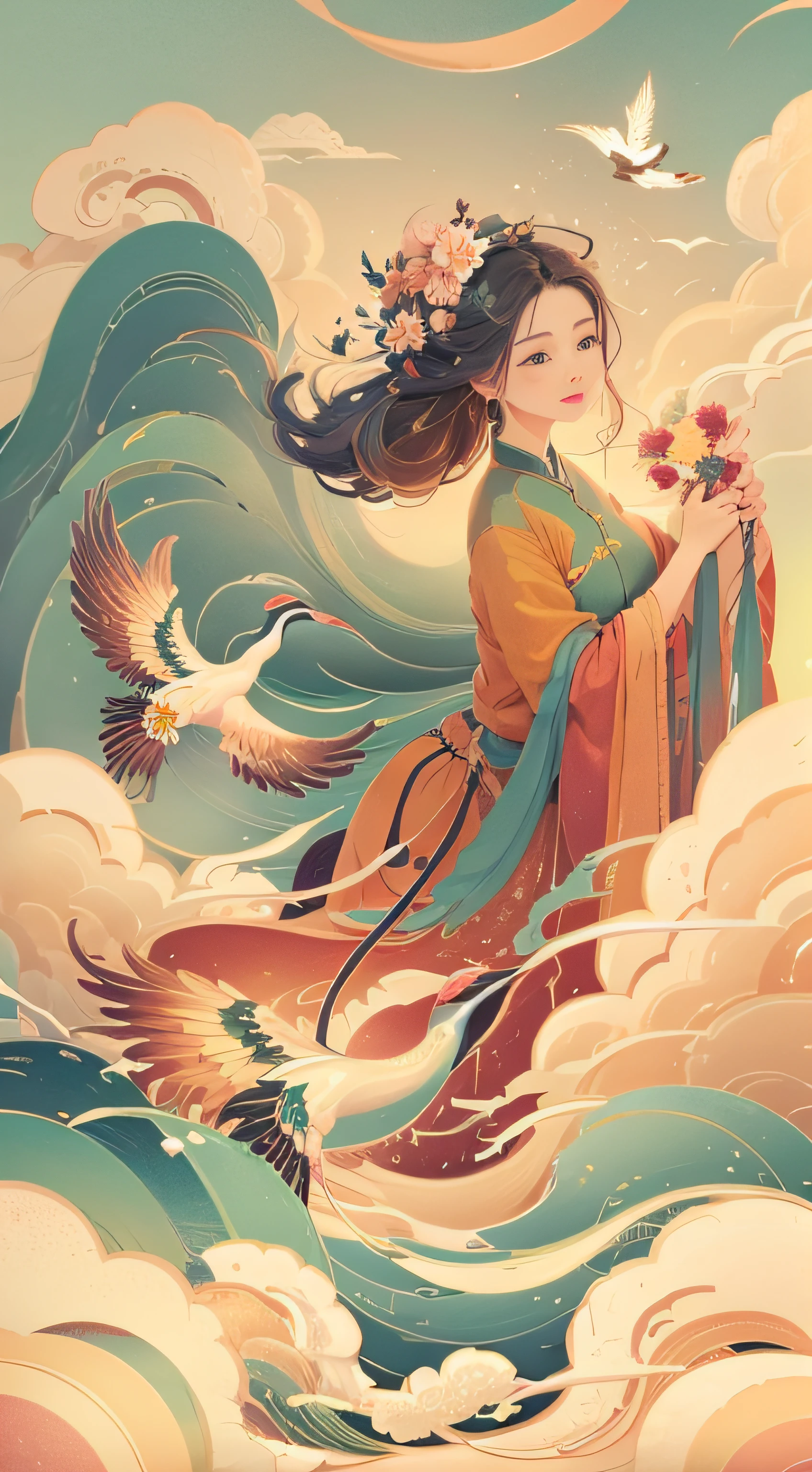 1 chinese girl, pose, wind, flower, bird, cloud, wind blowing hair, beautiful artwork, perfect composition, best quality, national style, illustration, ((best quality, 8k, masterpiece: 1.3)), perfect face