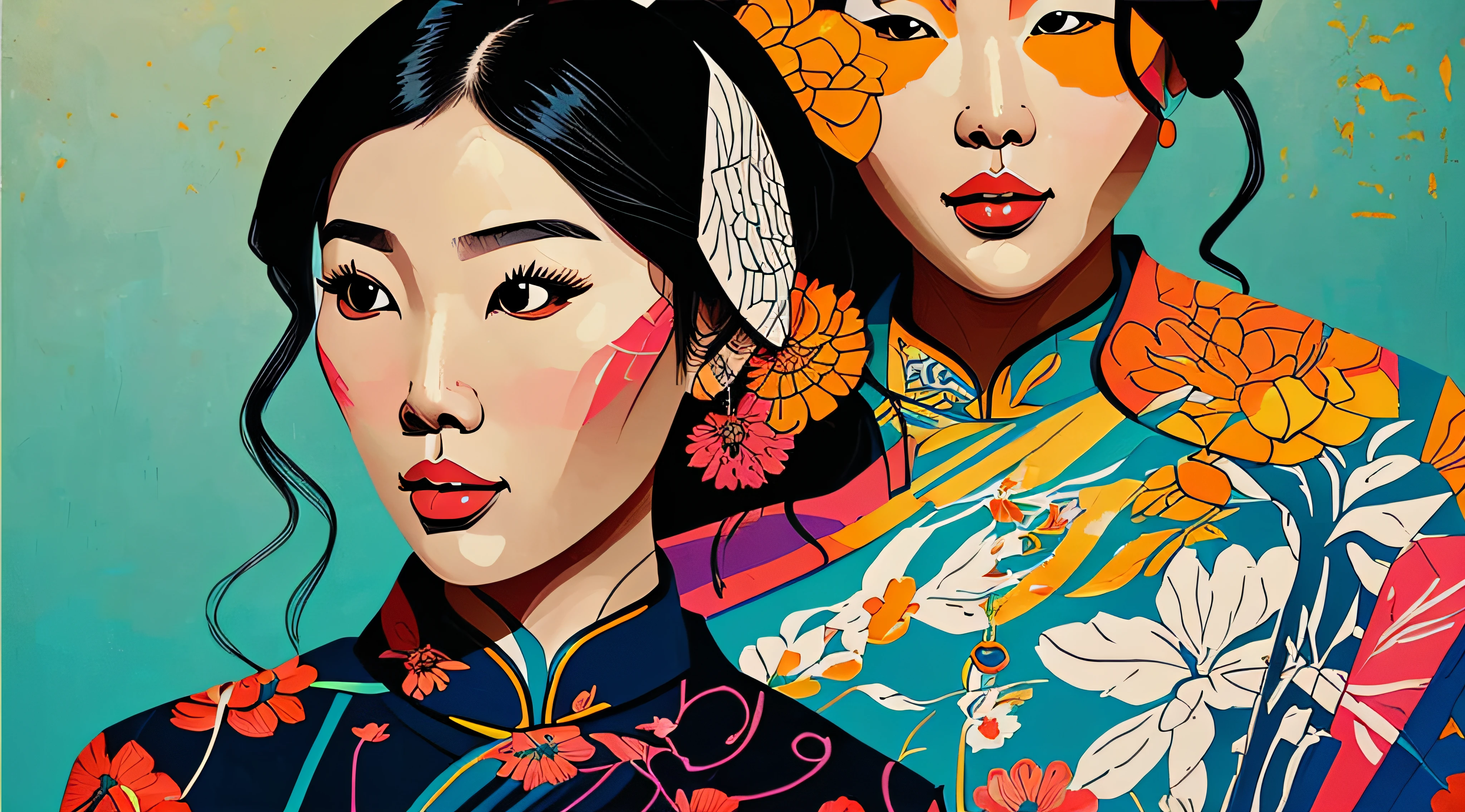 Illustration art, Dongson drum patterns, Line art and flat colors, An expressionistic oil painting Vietnamese Woman in aodai in the style of Jack Hughes, a masterpiece, highly detailed, digital painting, best quality, high-res, detailed work, post-processing, perfect result --auto