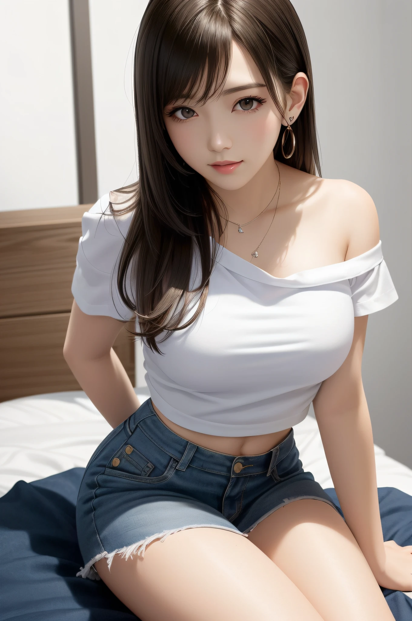 (Top Quality, Masterpiece: 1.1), (Real: 1.4), BREAK (((FF7))) (((Tifa))),solo,1girl,((Light Brown Hair, Large breasts: 1.2)),(bedroom), (sitting on bed), 　BREAK (white off shoulder shirt,light blue slit skirt,through),(No Bra)  (Small and beautiful hard nipple), clothed,(shiny oiled skin: 1.4), about 18 years old,