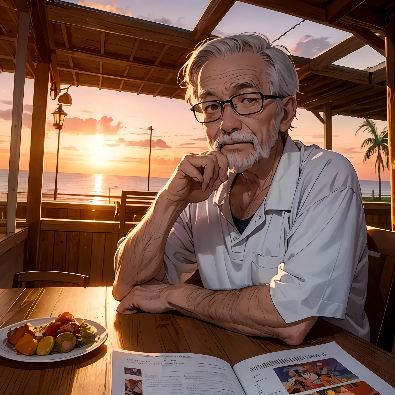 Under the sunset the old man leisurely enjoys, the highest quality, fine, detail, anime --auto