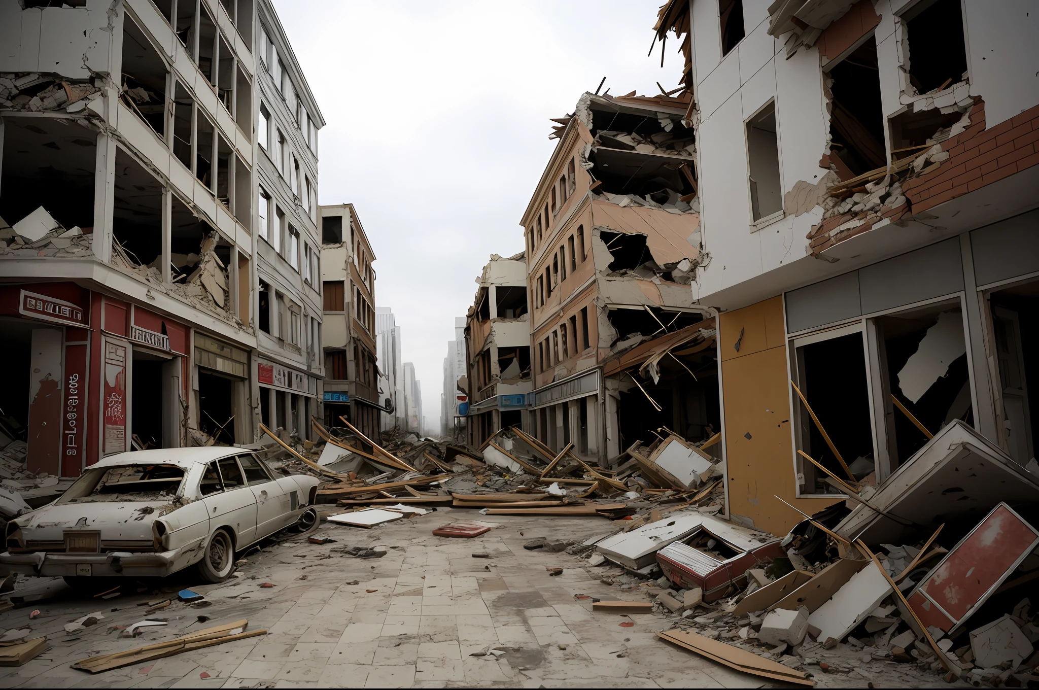 Ruined cityscapes with crumbling buildings and debris-filled streets, depicting the aftermath of destruction.