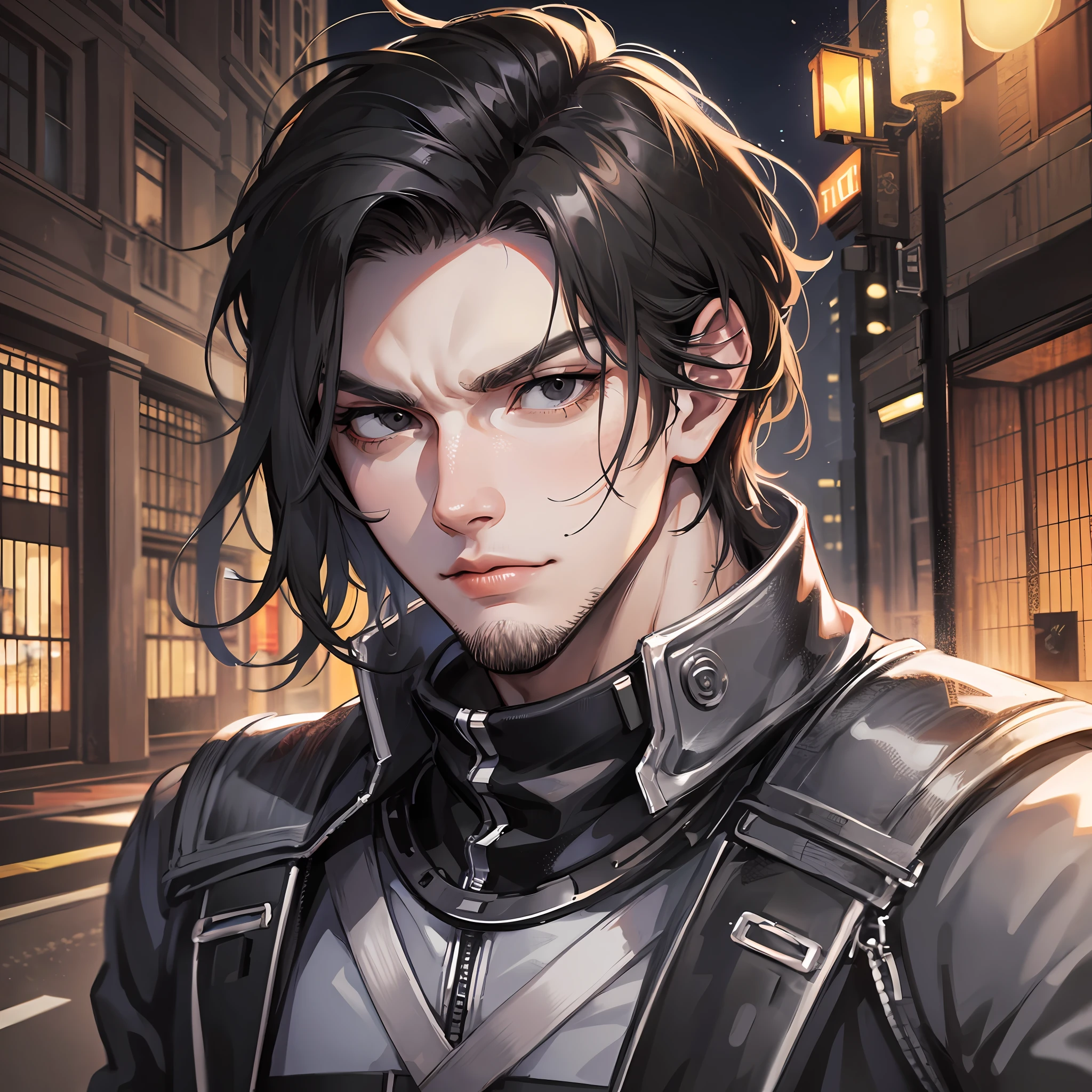 Mature male, handsome, serious, dark night street, doomsday, dark, short black hair, black eyes, masterpiece best quality, 8k, very detailed, high quality, high resolution