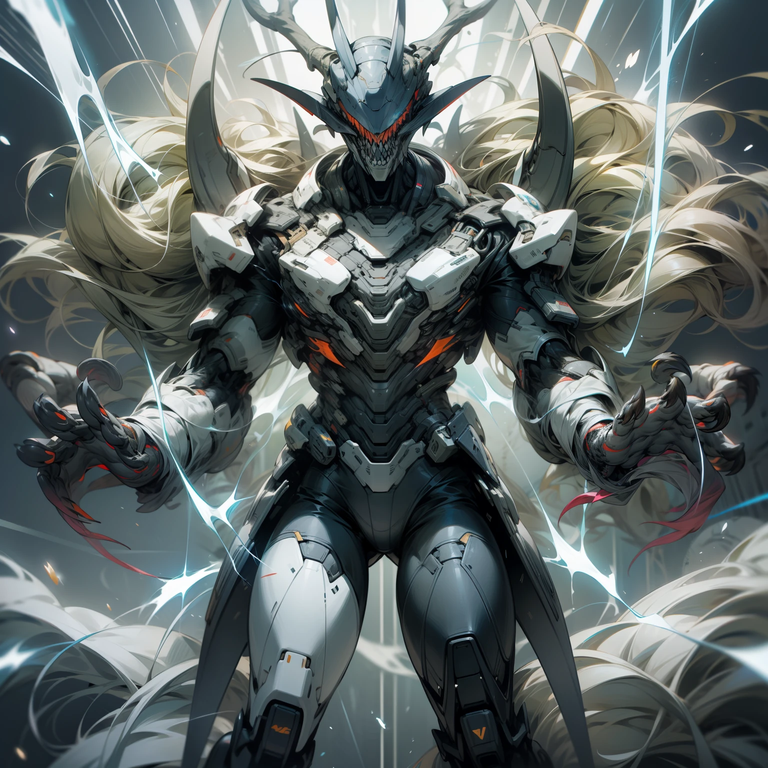 3-meter humanoid alien, slender body, elongated arms and legs, hands and feet with large and long sharp claws, black and white body, head with pointed deer horns, no eyes, huge jaw full of sharp teeth, blue electricity emanating from his body