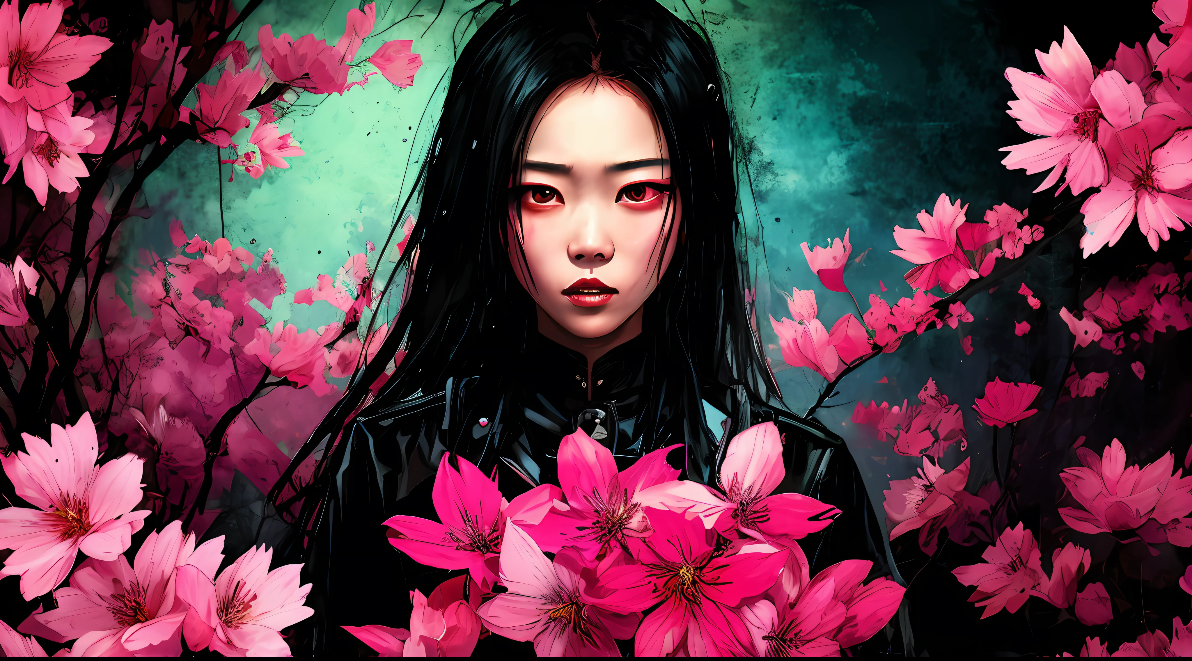 red and black, an asian girl in the darkness, in the style of Mork Borg, strong contrast, grunge dirty punk splash art, black metal zine, punk color splash background, surrounded by pink sakura flowers, horror, dark mood