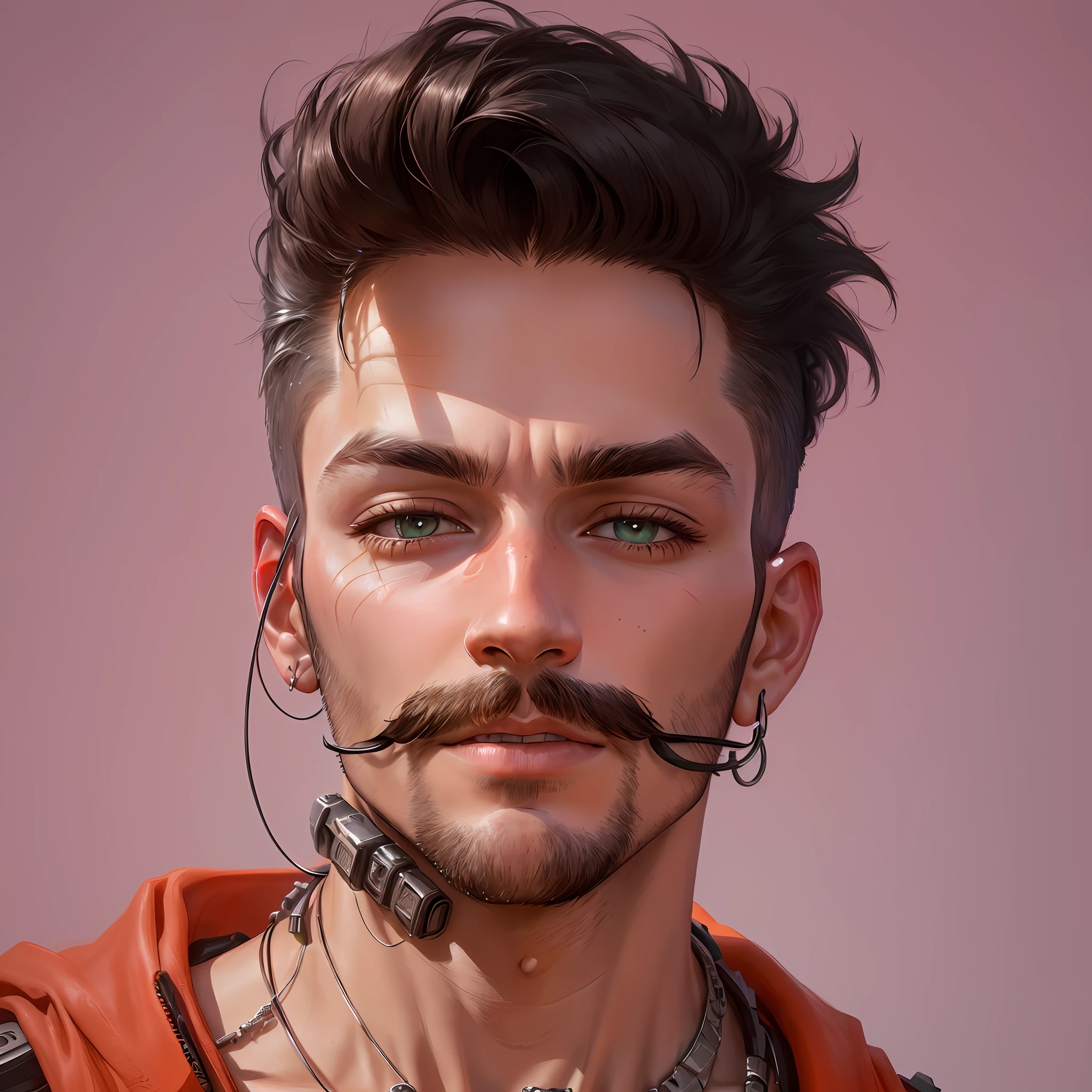 there is a man with a necklace on his neck in the city, hyper-realistic cyberpunk style, portrait of a cyberpunk man, cyberpunk style , hyperrealistic, cyberpunk dude, cyberpunk portrait, cyberpunk art ultrarealistic 8k, cyberpunk street goon, cyberpunk hero, cyberpunk character, artstation mans aesthetic, in cyberpunk style, portrait of a cyberpunk cyborg, cyberpunk art style , with no beard little moustache