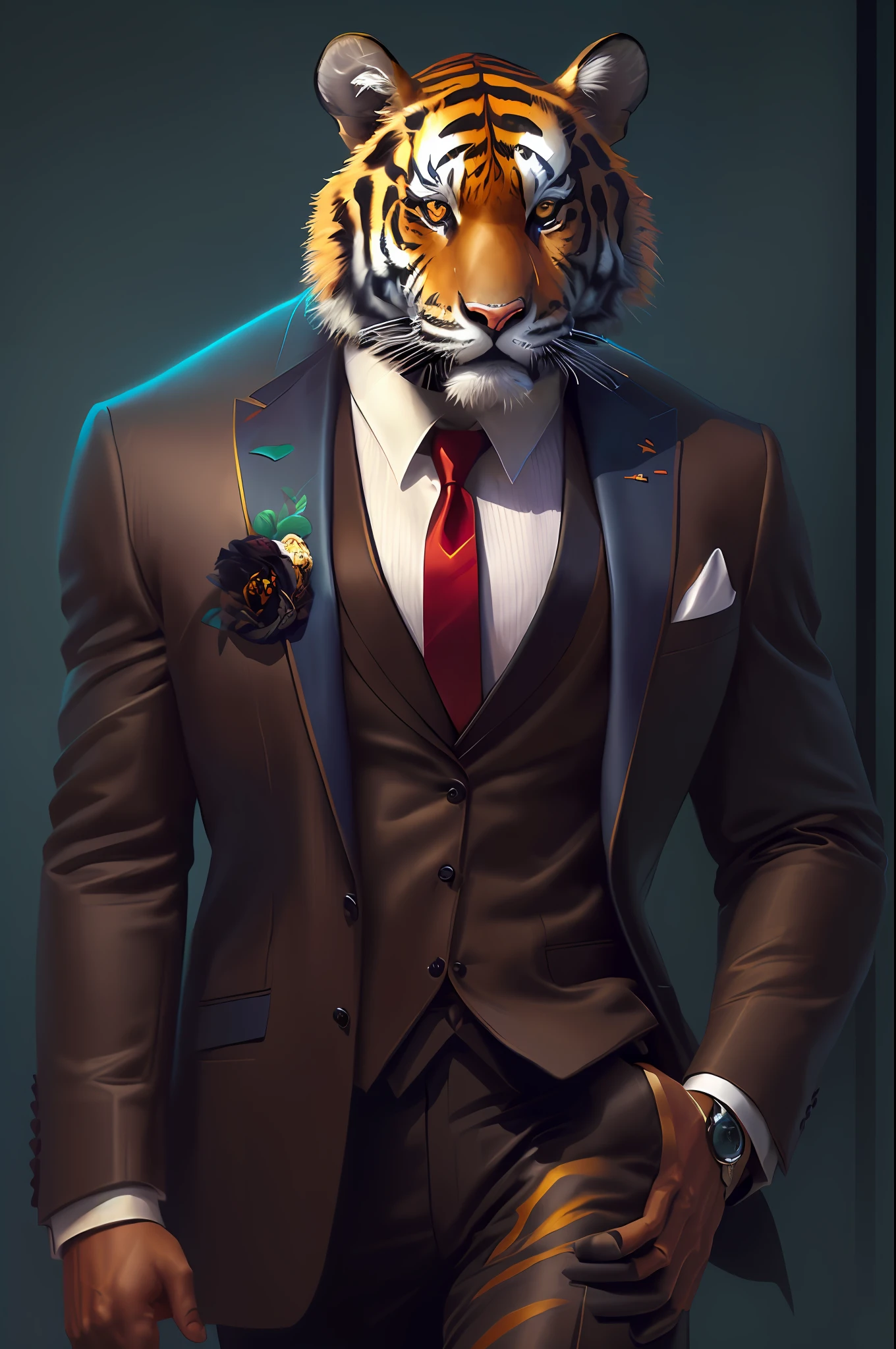 there is a tiger in a suit and tie walking, anthropomorphic tiger, stunning digital illustration, ((tiger)), epic digital art illustration, amazing wallpaper, luxurious suit, well dressed, in style of digital illustration, elegant digital painting, suit and tie, exquisite digital illustration, intricate suit, tiger_beast, wearing suit, stylish suit, epic and classy portrait