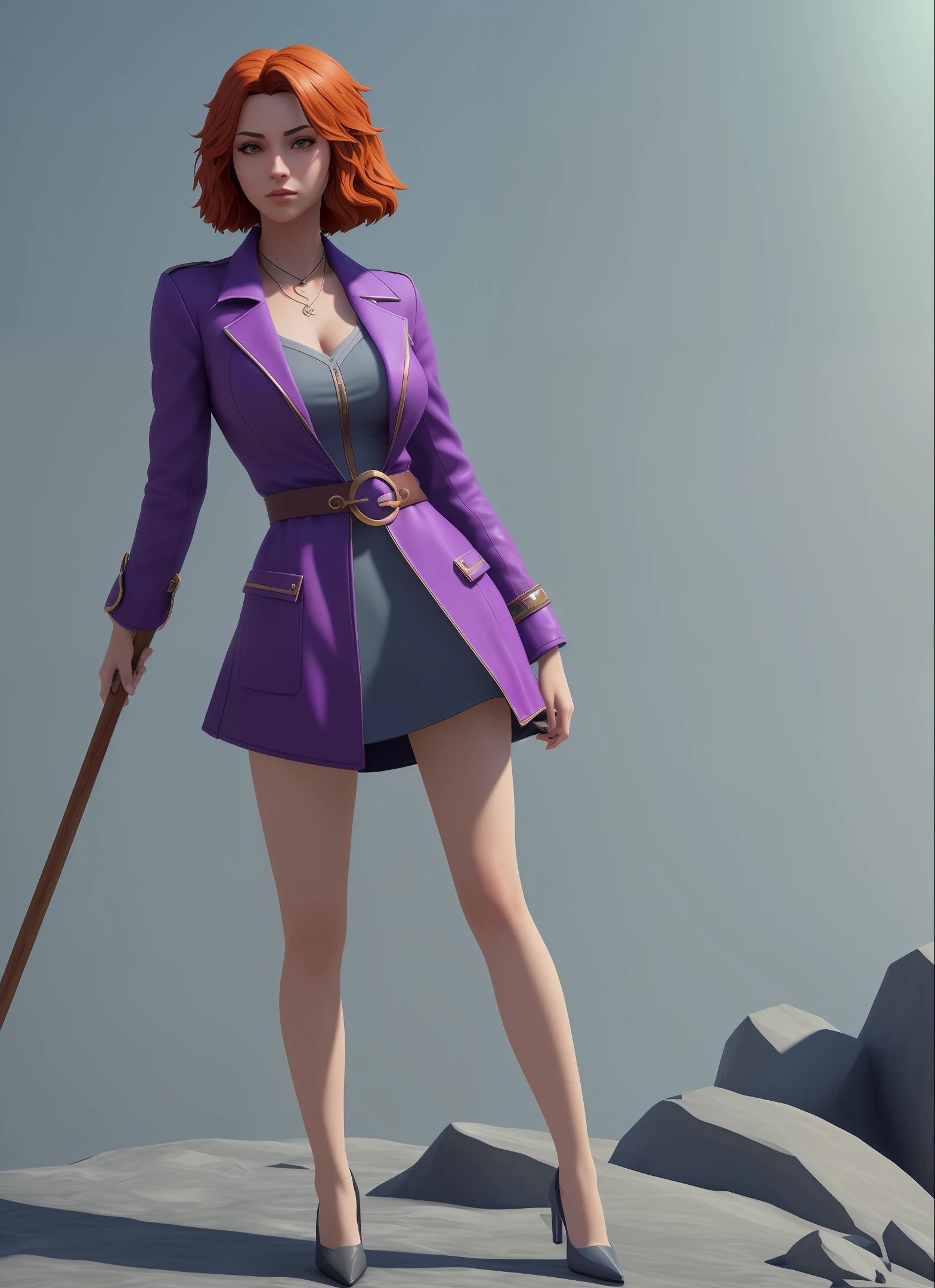 ((Best quality)), ((masterpiece)), (detailed: 1.4), 3D, an image of a beautiful female sorceress, huge breasts, scar on left eye, red hair, full body, red high heels, holding a staff with a bright purple stone, short clothing but purple overcoat, HDR (High Dynamic Range), Ray Tracing, NVIDIA RTX, Super-Resolution, Unreal 5, Subsurface Scattering, PBR Texturing, Post-processing, Anisotropic filtering, Depth of field, Maximum clarity and sharpness, Multilayer textures, Albedo and specular maps, Surface shading, Accurate simulation of light-material interaction, Perfect proportions, Octane Render, Two-tone lighting, Wide aperture, Low ISO, White balance, Rule of thirds, 8K RAW, masterpiece, best quality, (8k very detailed CG unit wallpaper) (best quality), (best illustration), (better shading) .