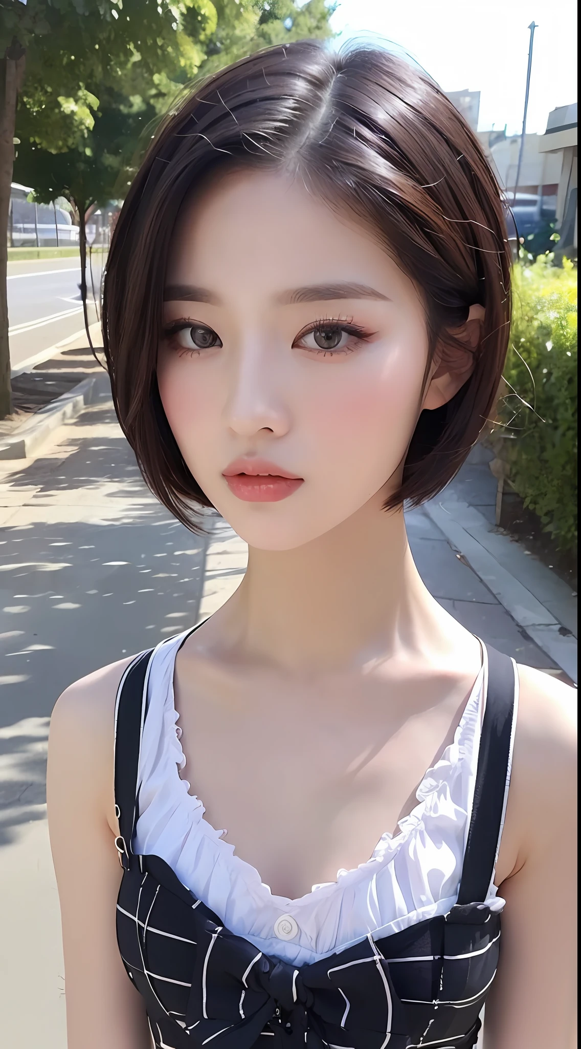 ((Best quality, 8k, Masterpiece :1.3)), Sharp focus:1.2, Perfect Body Beauty:1.4, Slim Abs:1.2, ((Layered Short Hair:1.2)), (Lolita fashion, shirt:1.1 ), (Street:1.2), Highly detailed face and skin texture, Fine eyes, Double eyelids,