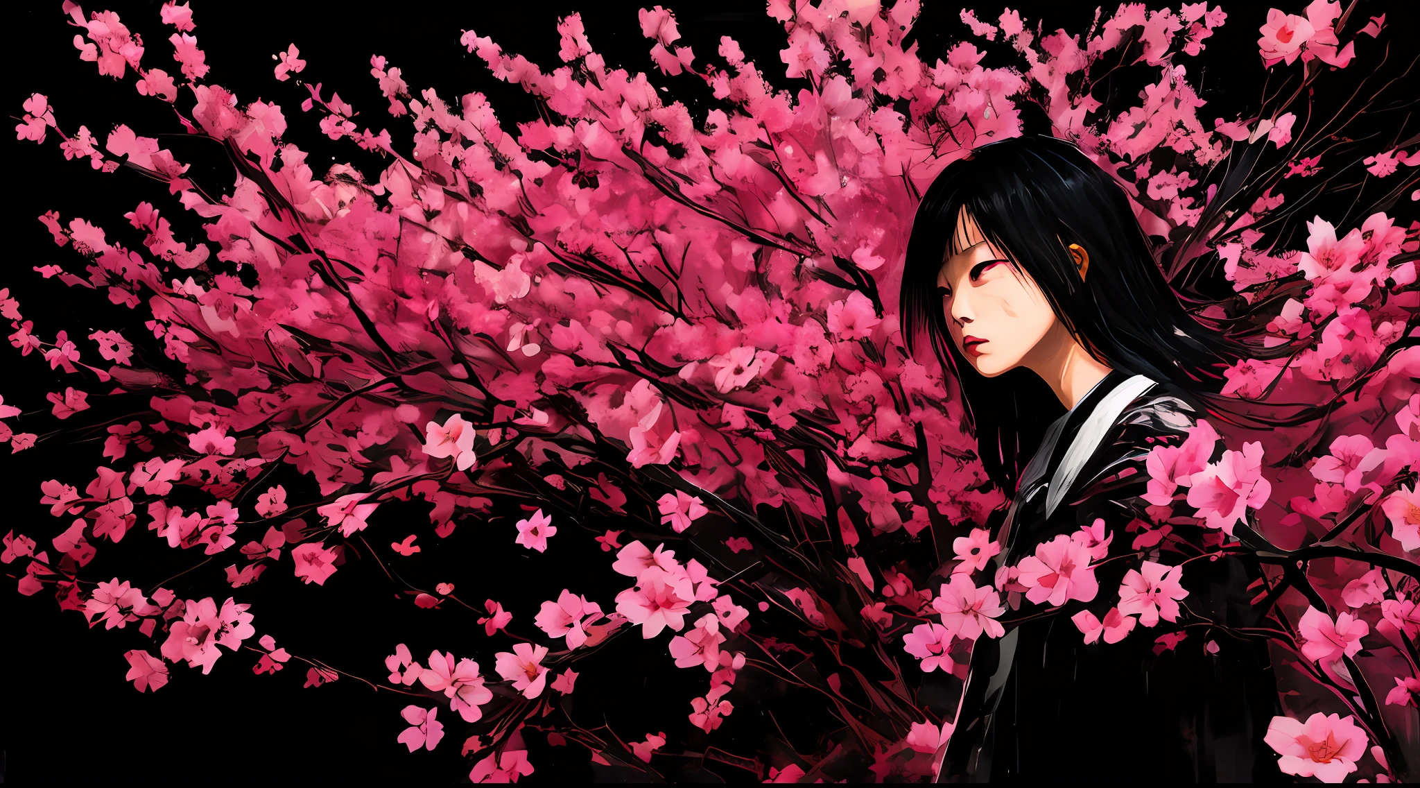 red and black, an asian girl in the darkness, red fog, black environment, in the style of Mork Borg, strong contrast, grunge dirty punk splash art, black metal zine, punk color splash background, surrounded by pink sakura flowers, horror, dark mood, black and red colors