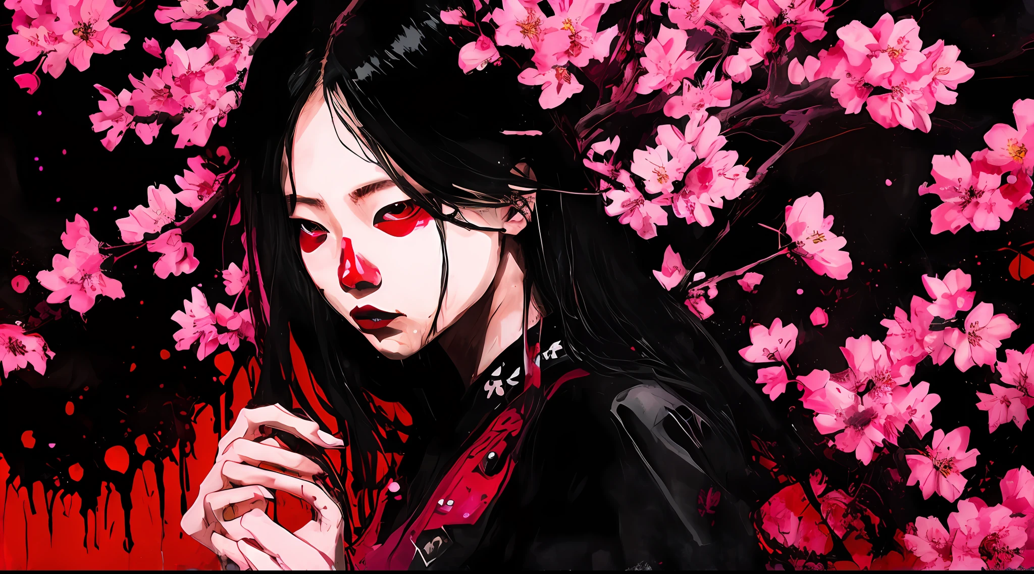 red and black, an asian girl in the darkness, red fog, black environment, in the style of Mork Borg, strong contrast, grunge dirty punk splash art, black metal zine, punk color splash background, surrounded by pink sakura flowers, horror, dark mood, black and red colors