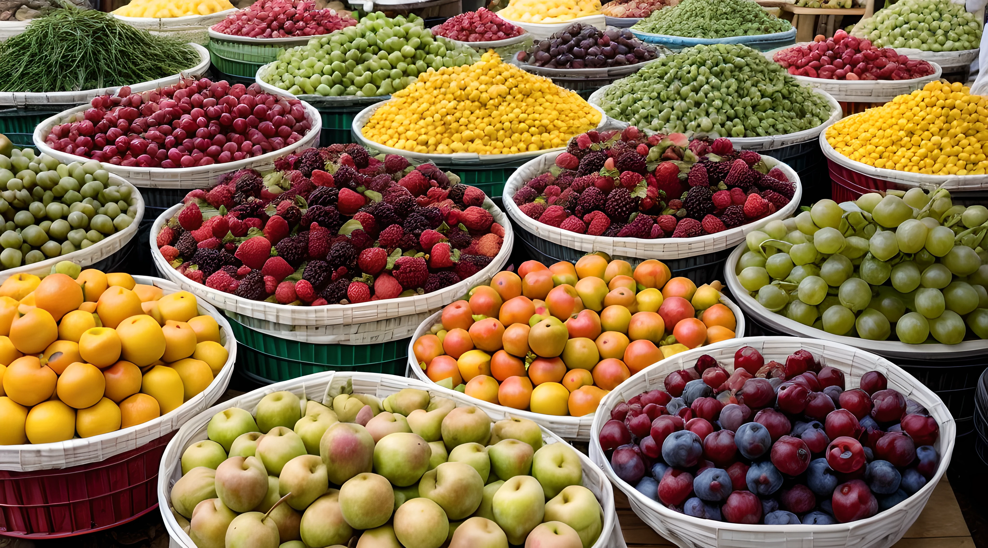 Colorful fruits displayed in greengrocers