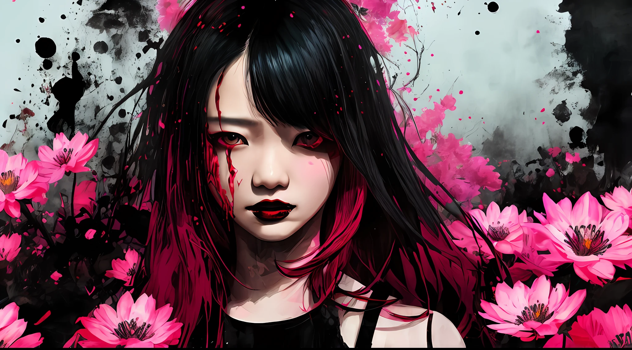 red and black, an asian girl in the darkness, red fog, black environment, in the style of Mork Borg, strong contrast, grunge dirty punk splash art, black metal zine, punk color splash background, surrounded by pink sakura flowers, horror, dark mood, black and red colors, dark tentacles