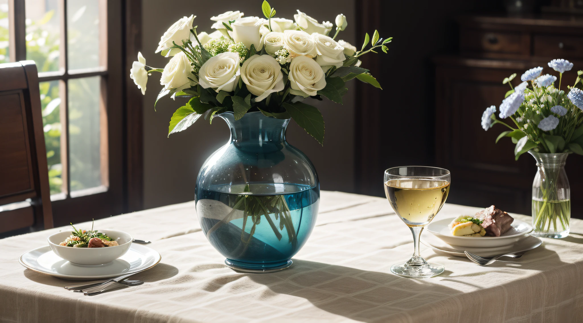 Close-up of beautiful dishes and wonderful dishes of succulent meat and haute cuisine on a beautiful tablecloth with a small vase of baroque style flowers with a large neoclassical window with rays of sun entering a sunny day