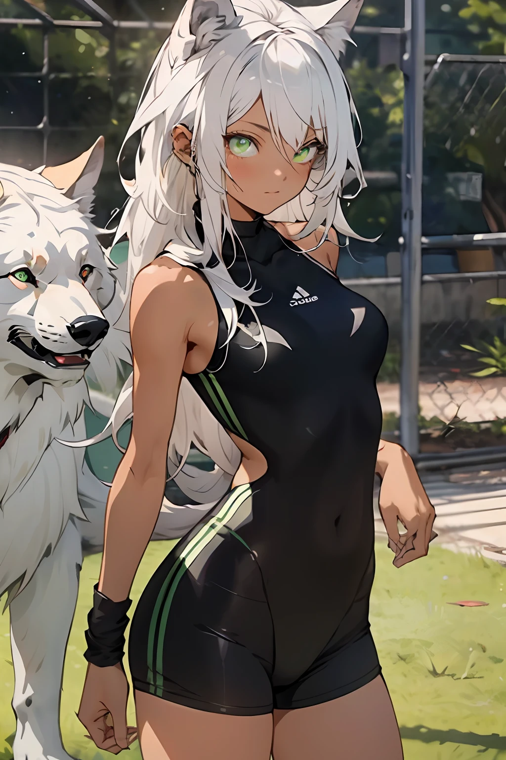 a woman, 25, long hair, white hair, caramel colored skin, poison green eyes, athletic, wolf's ears, wolf's tail, athletic, slim