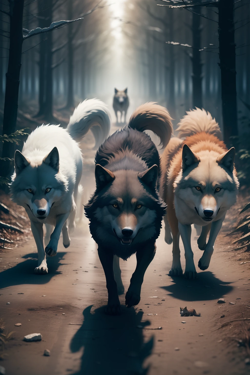 Three wolves running, seen from afar, dark background and floor of dark forest