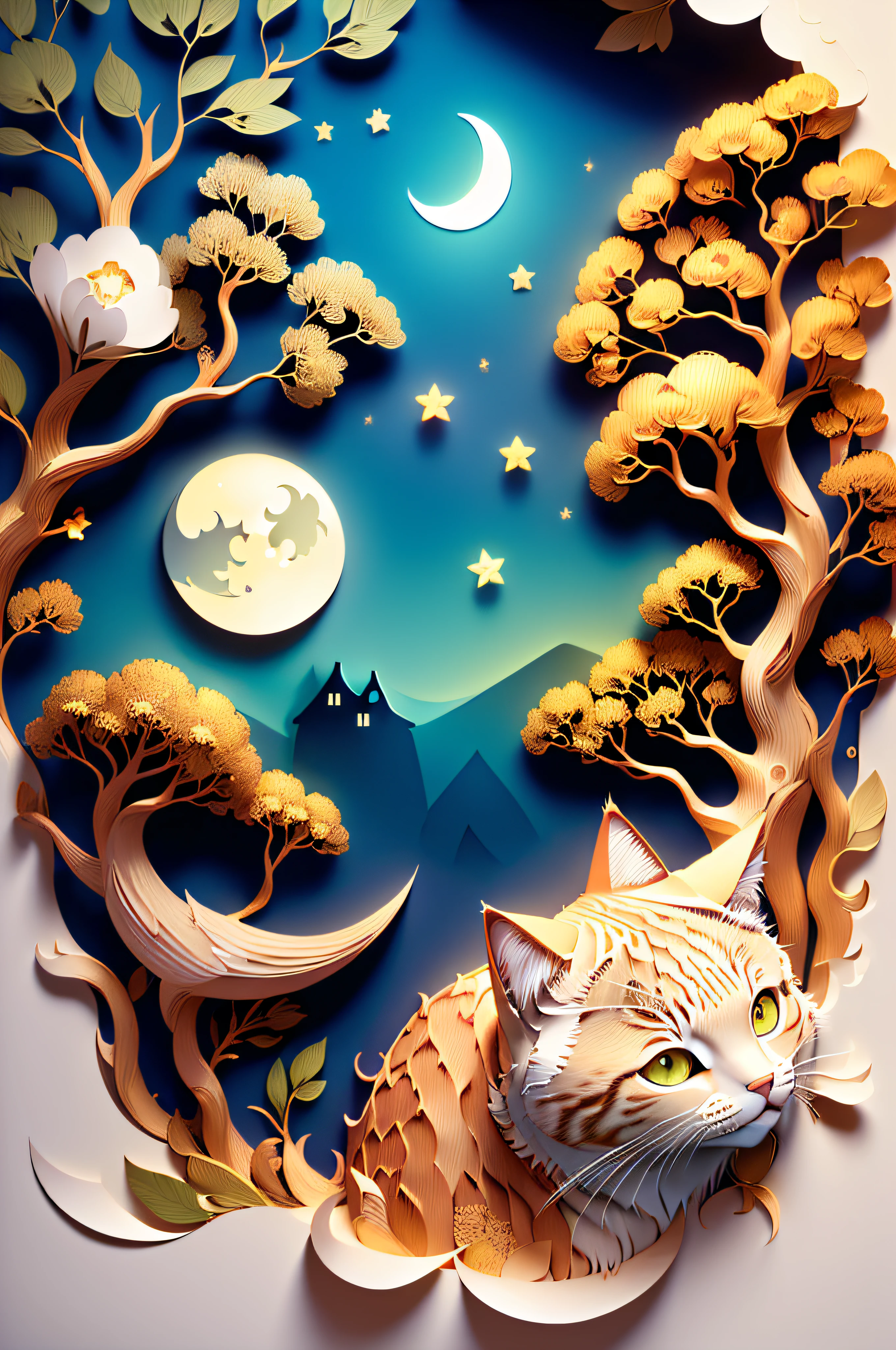 ((((masterpiece))), best quality, illustrations, beautiful details glow,
paper_cut, cat face details clear to the camera, tree, moon,