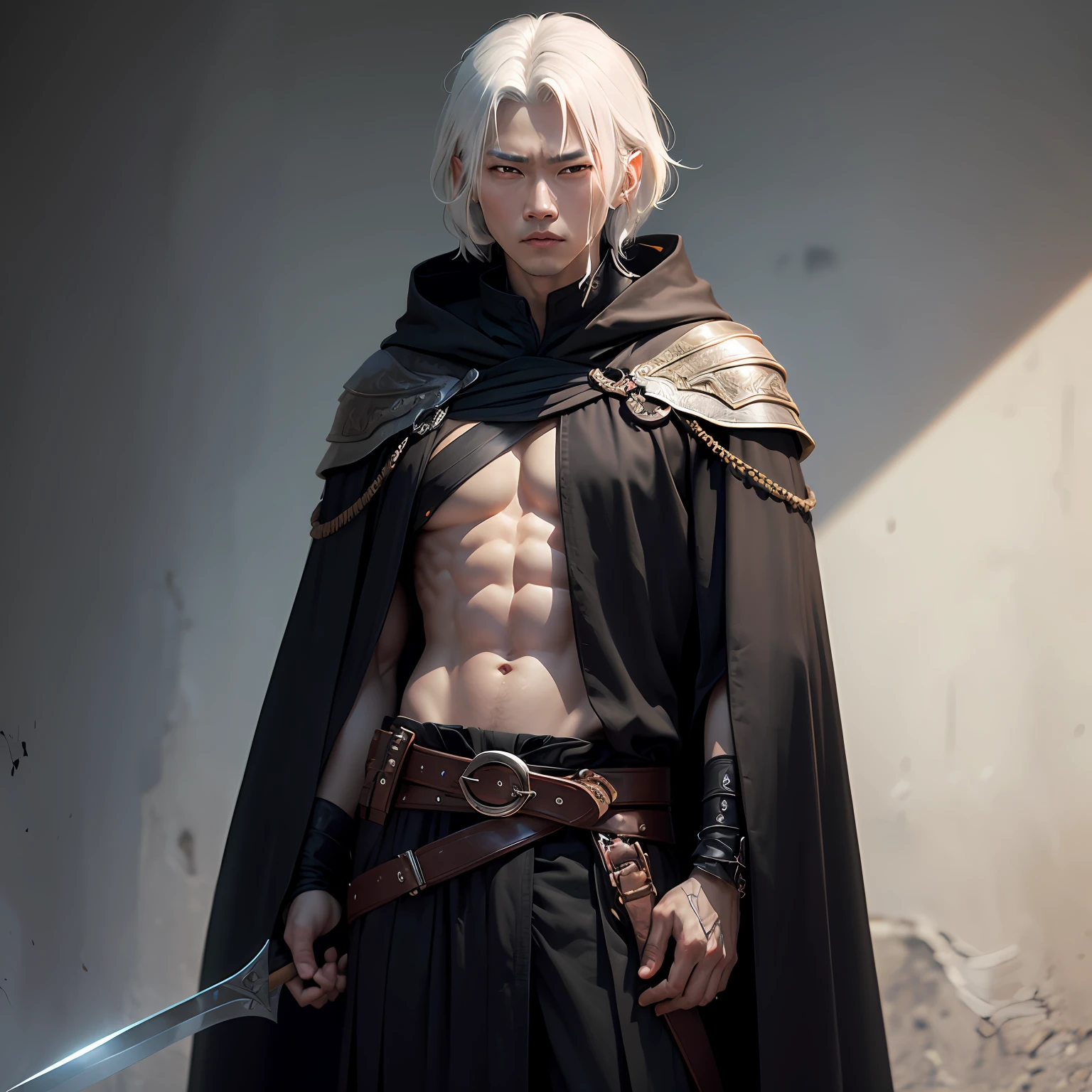 A white-haired Asian, wearing a knee-length black cloak, with pale skin, Yanatra eyes, (black blade at his belt) --auto