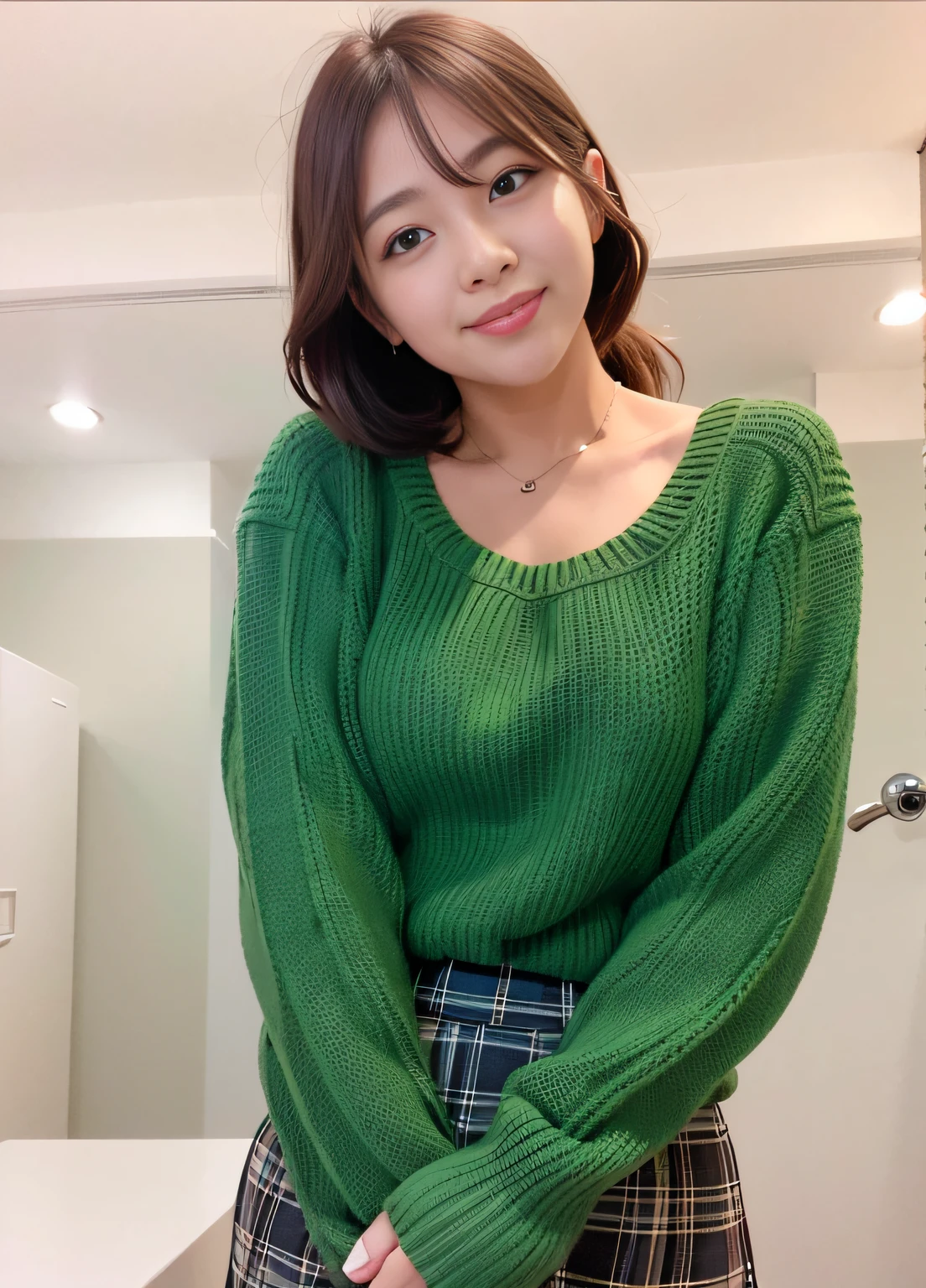 a close up of a woman in a green sweater and plaid skirt, wearing a green sweater, sun yunjoo, lee ji-eun, lee ji - eun, heonhwa choe, jaeyeon nam, park ji-min, cute korean actress, shin min jeong, lovely smile, female actress from korea, charming smile, hwang se - on, bae suzy
