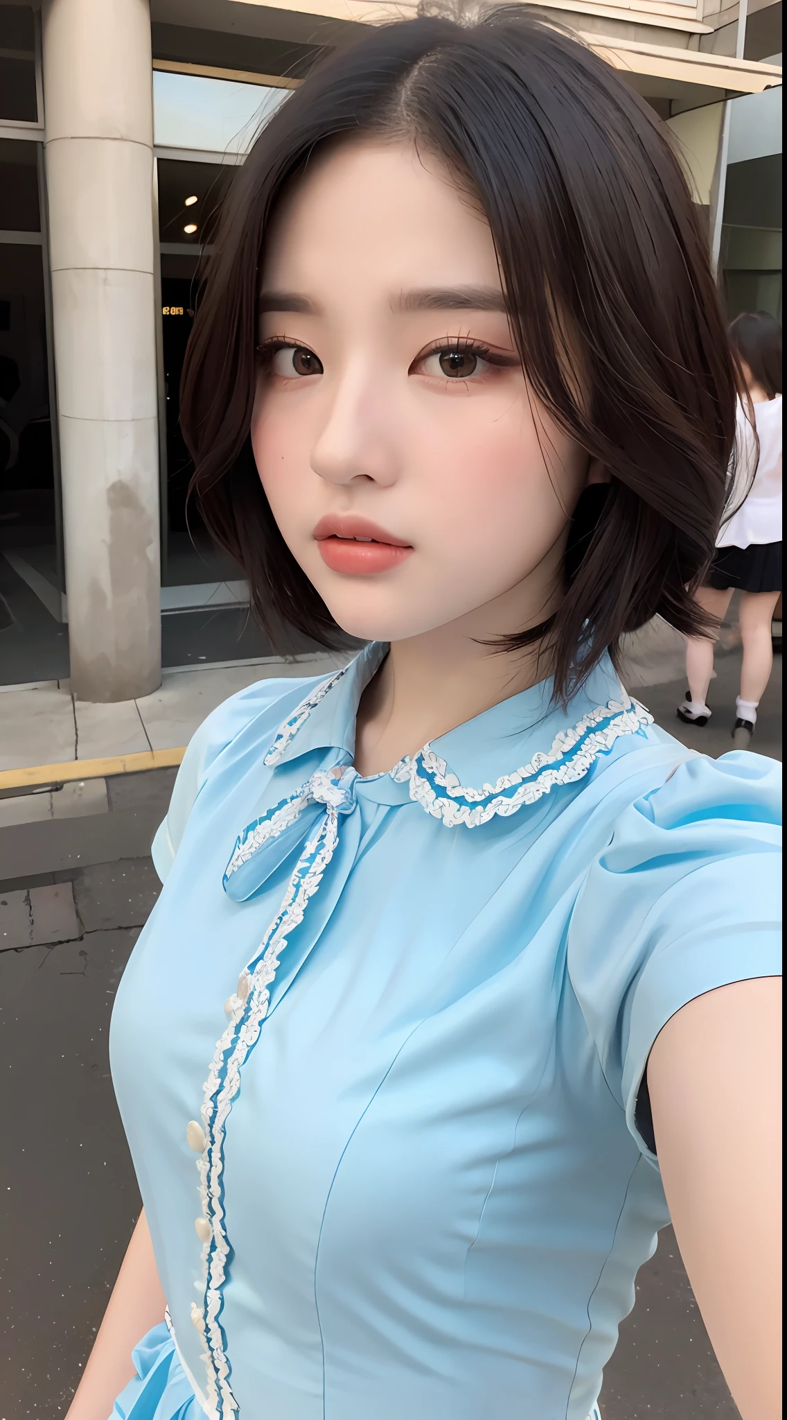 ((Best quality, 8k, Masterpiece :1.3)), Sharp focus:1.2, Perfect Body Beauty:1.4,((Layered short hair:1.2)), (Lolita fashion, shirt:1.1 ), (Street:1.2), Highly detailed face and skin texture, Fine eyes, Double eyelids,