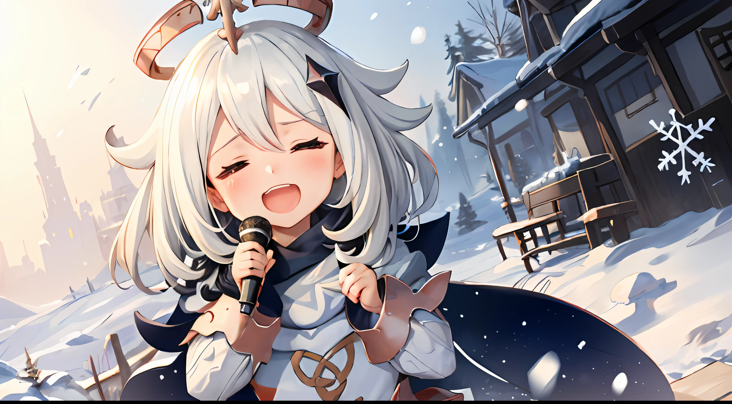 paimon genshin impact girl **** singing microphone in the snow closed eyes