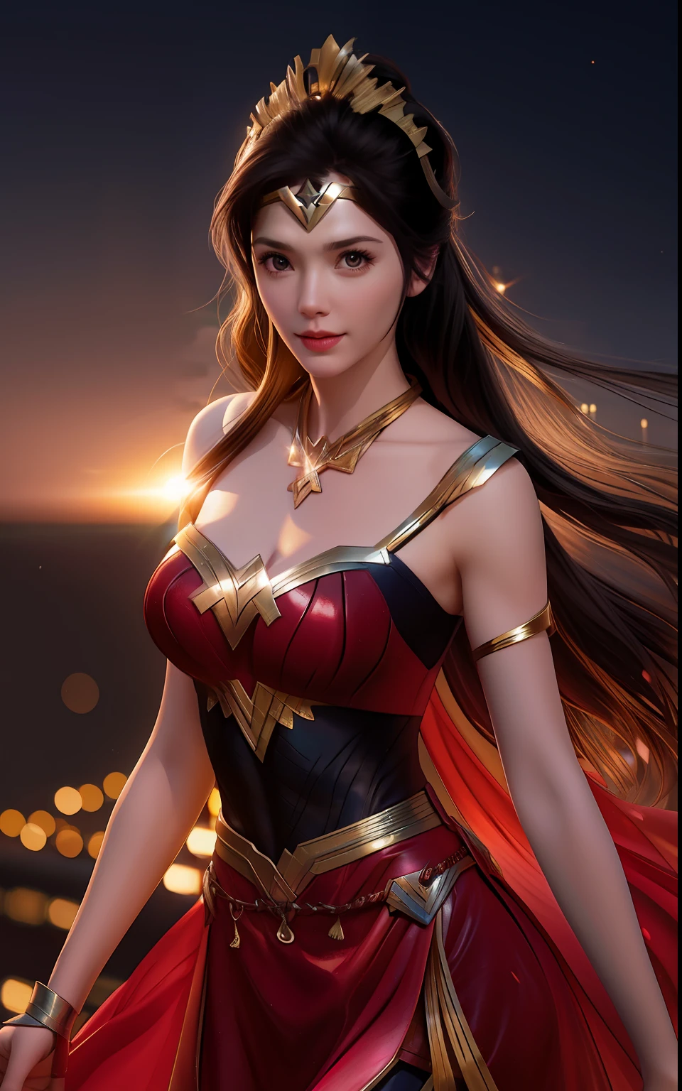 Super man character and wonder woman on a beautiful beach
