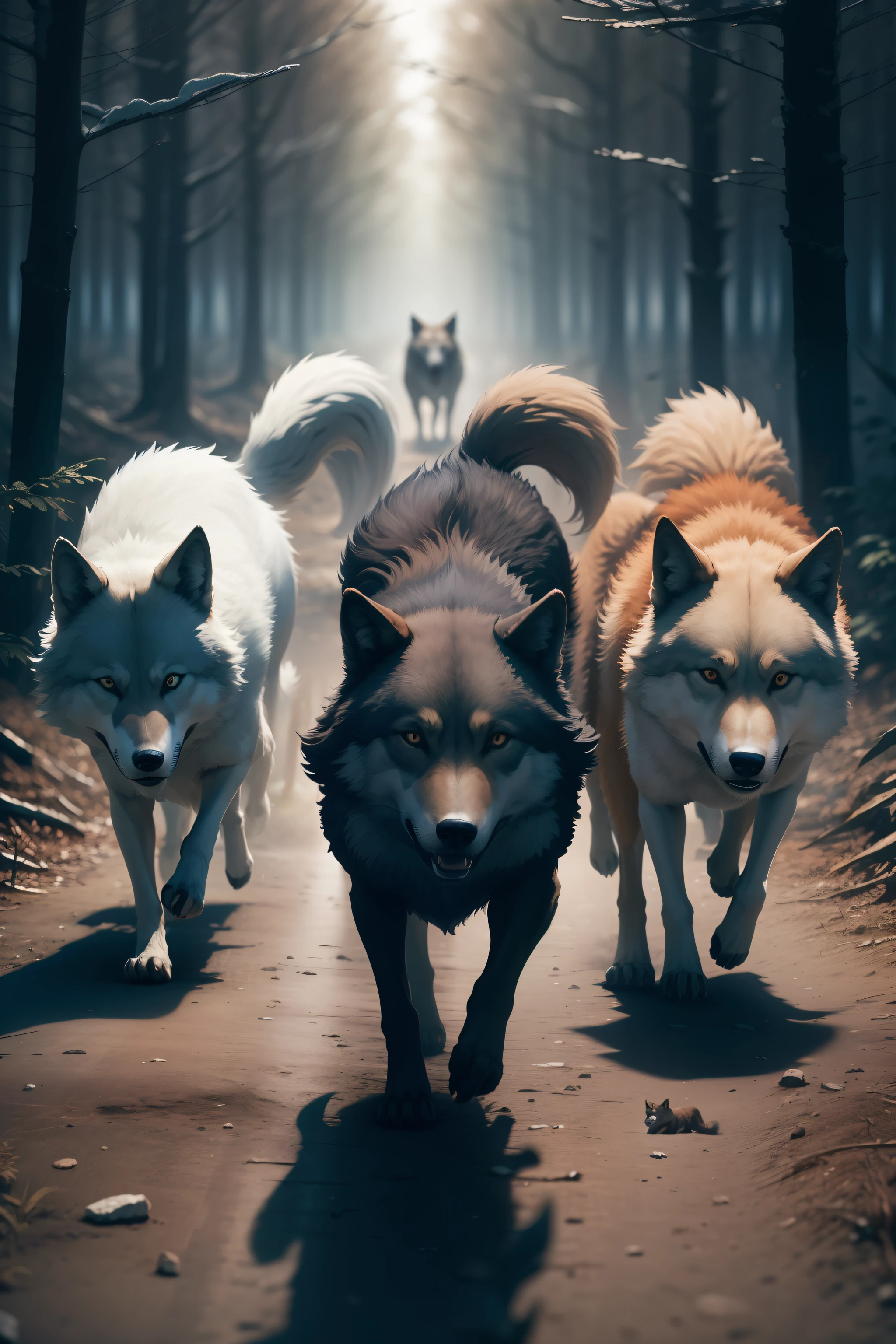 Three wolves running, seen from afar, dark background and floor of dark forest