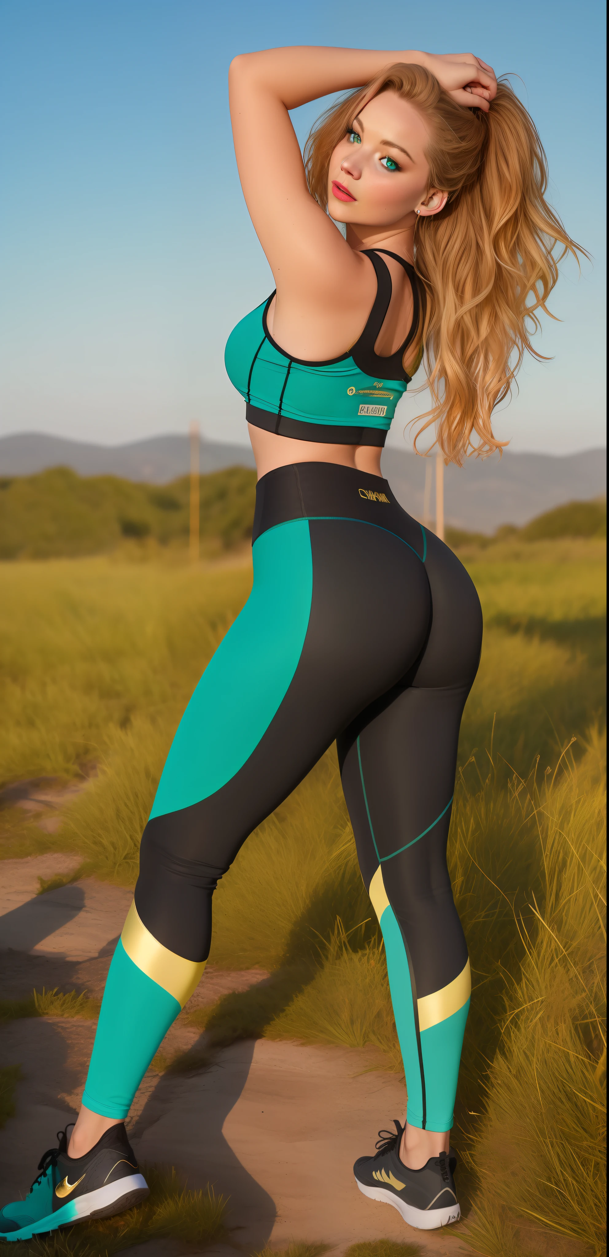 Jennifer Lawrence with eyes by Natalie dormer, blue eyes, red lipstick, in a sports bra top and leggings posing for a photo, green blue black, two-piece workout clothes, cute sportswear, gradient green black, green and black, black and green, active, black and water colors, by Emma Andijewska, stunning!, ( ( ( dark green, leggings, black cyan gold and aqua colors