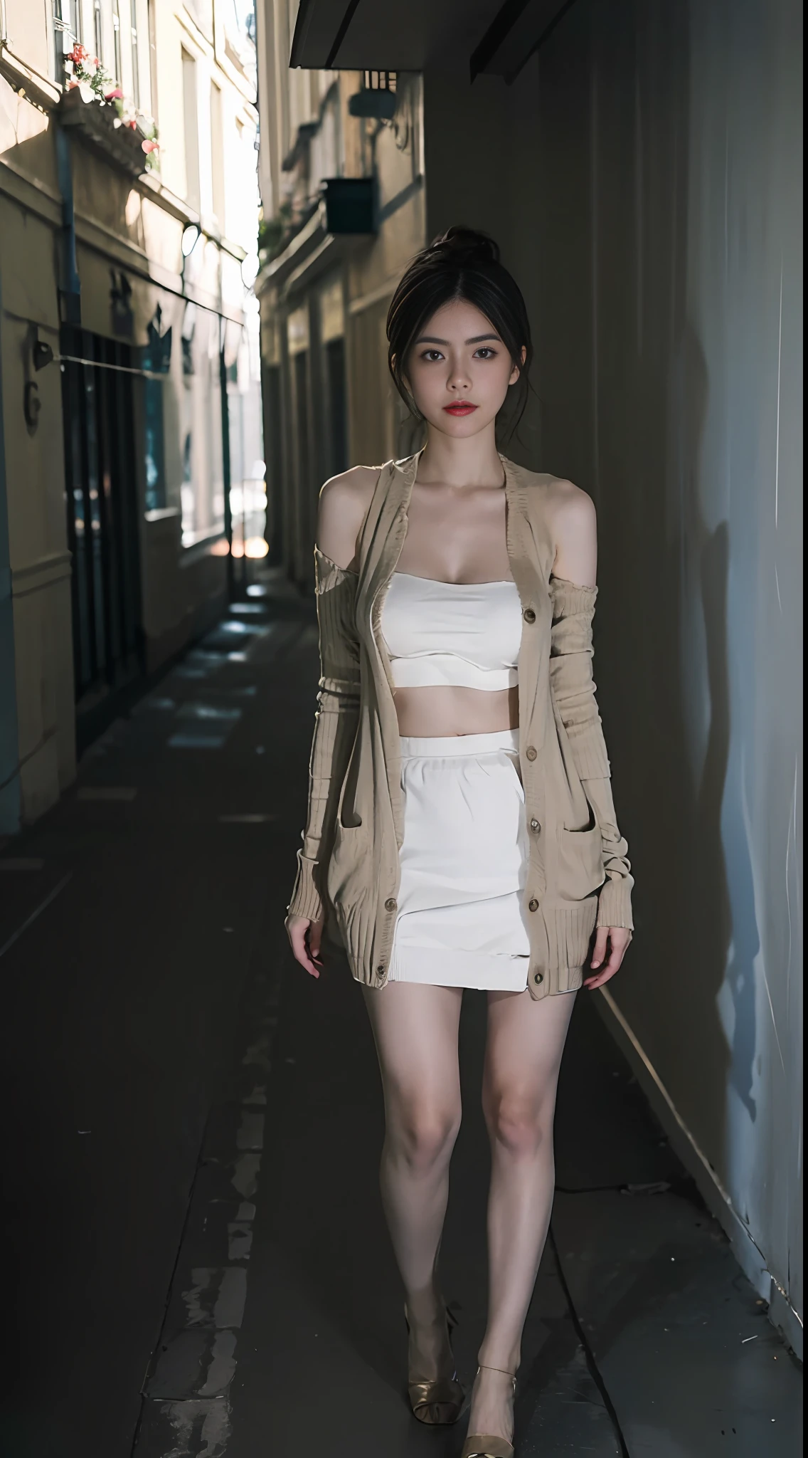 ((Full_body_shot:1.6)), (from below:0.9), (An extremely delicate and beautiful work), ((masterpiece)), (best quality), glamor body, a one woman, 20 age, (cardigan:1.4), (cleavage:1), (Midi_skirt:1.3), (Paris_street_background:1.4), (sexually aroused face:1.4), (walk sexy:1.4), high nose bridge, shoulder cut hair,(fair skin:1.2), (soft saturation:1.3), (low contrast), bright lighting, natural lighting, realistic lighting, lovely lips, ultra-fine painting, delicate face, delicate figure, (depth of field:1.2), style, ultra detailed, (realistic, photo_realistic:1.4), physically-based rendering, ((soft:1.3)), perfect white balance, professional color graded, 8k, Raw photo, Leica M10, F2.4, 35mm, color photo, product photography.
