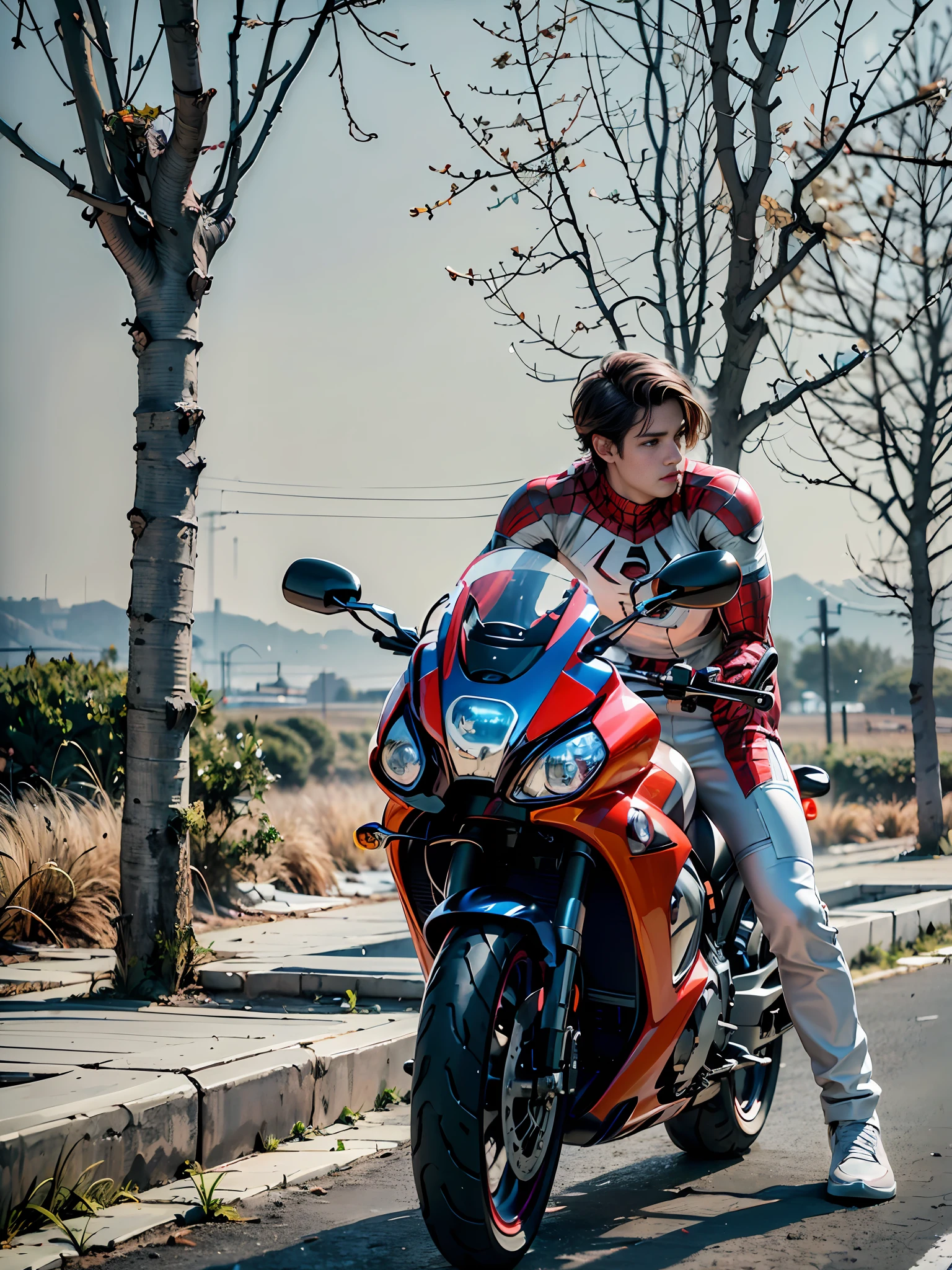 RAW, people, 1boy, Spider-Man riding a motorcycle, motorcycle chariot (a handsome boy Spider-Man, male, Beautiful man: 1.5), (no mask, face: 2), handsome, Spider-Man classic pose, masterpiece, super fine photos, best quality, super high resolution, photorealistic realism, sunny handsome, full body portrait, delicate face, vibrant eyes, (viewed from the side), she is wearing a futuristic steel woman Spider-Man costume, very detailed background, detailed face, detailed complex busy background, highly detailed skin, realistic skin details, visible pores, sharp focus, volumetric fog, 8k uhd, DSLR, high quality, film grain, photo realism, wheat skin,