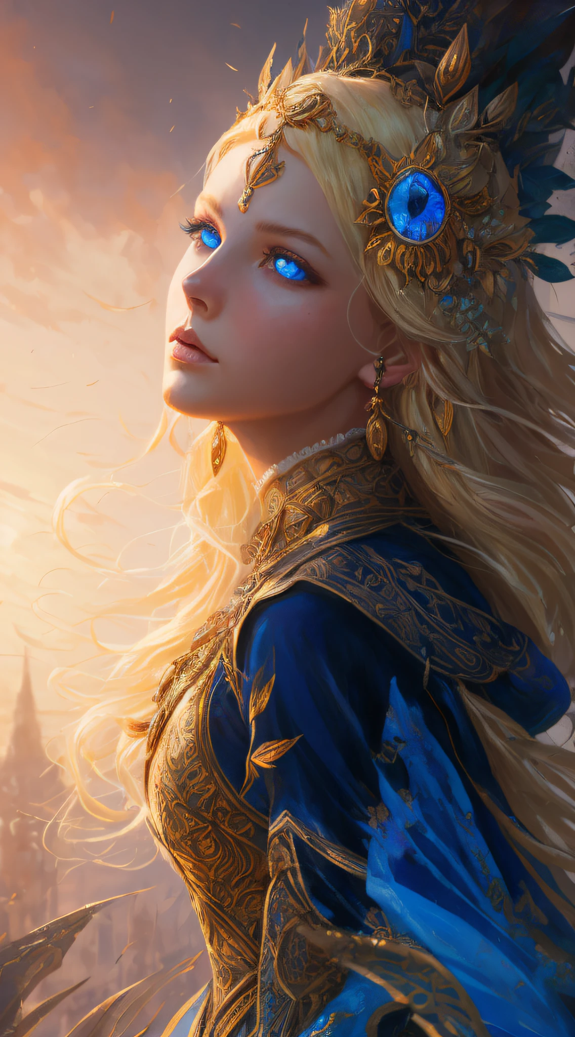 Illustration of warrior princess, 8k of a beautiful blonde hair, intricate, elegant yellow clothes, highly detailed, majestic, digital photography, art by artgerm and ruan jia and greg rutkowski surreal painting, broken glass (masterpiece, side lighting, beautiful finely detailed blue eyes: 1.2 ), hdr, --auto