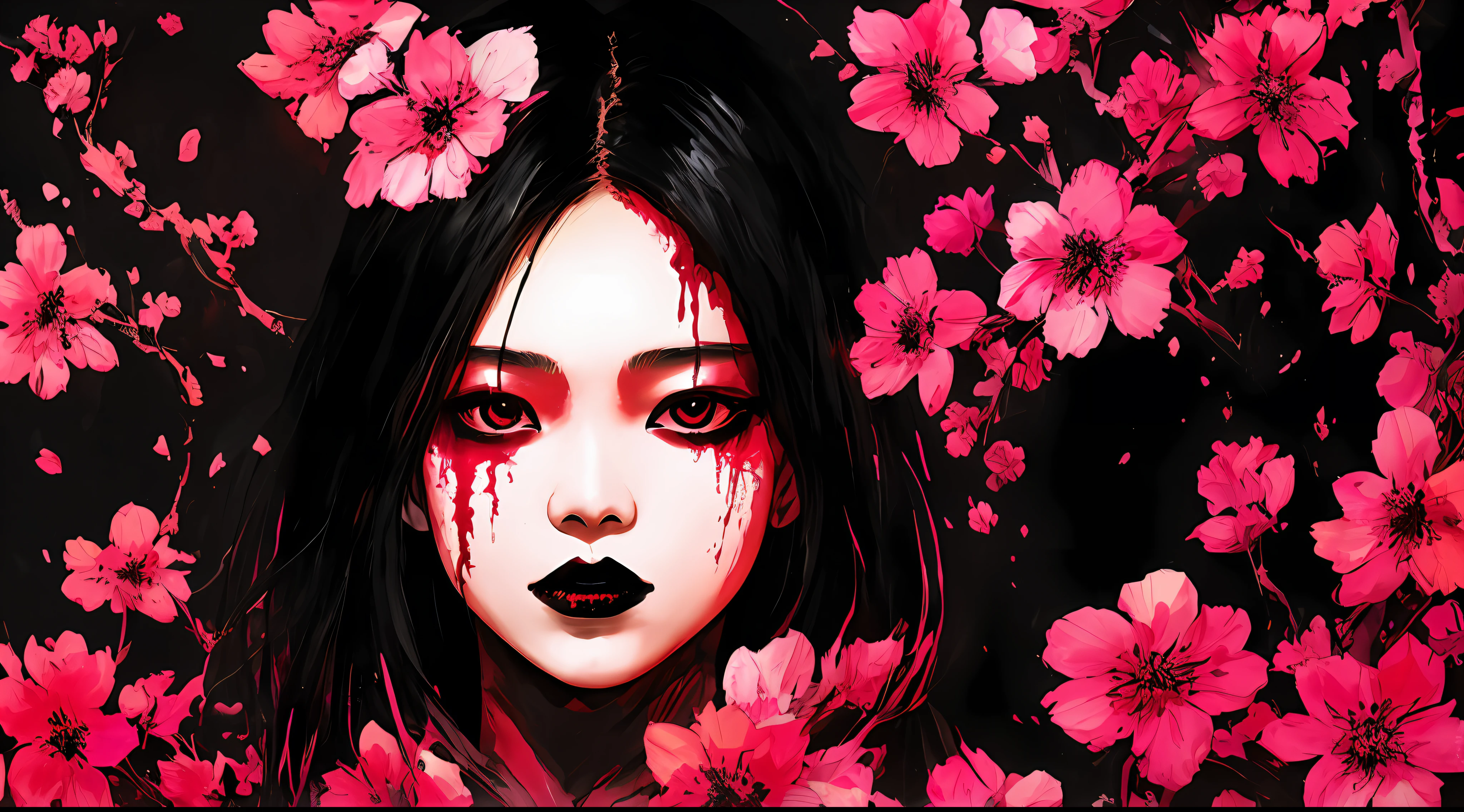 red and black, an asian girl in the darkness, red fog, black environment, in the style of Mork Borg, strong contrast, grunge dirty punk splash art, black metal zine, punk color splash background, surrounded by pink sakura flowers, horror, dark mood, black and red colors, dark tentacles