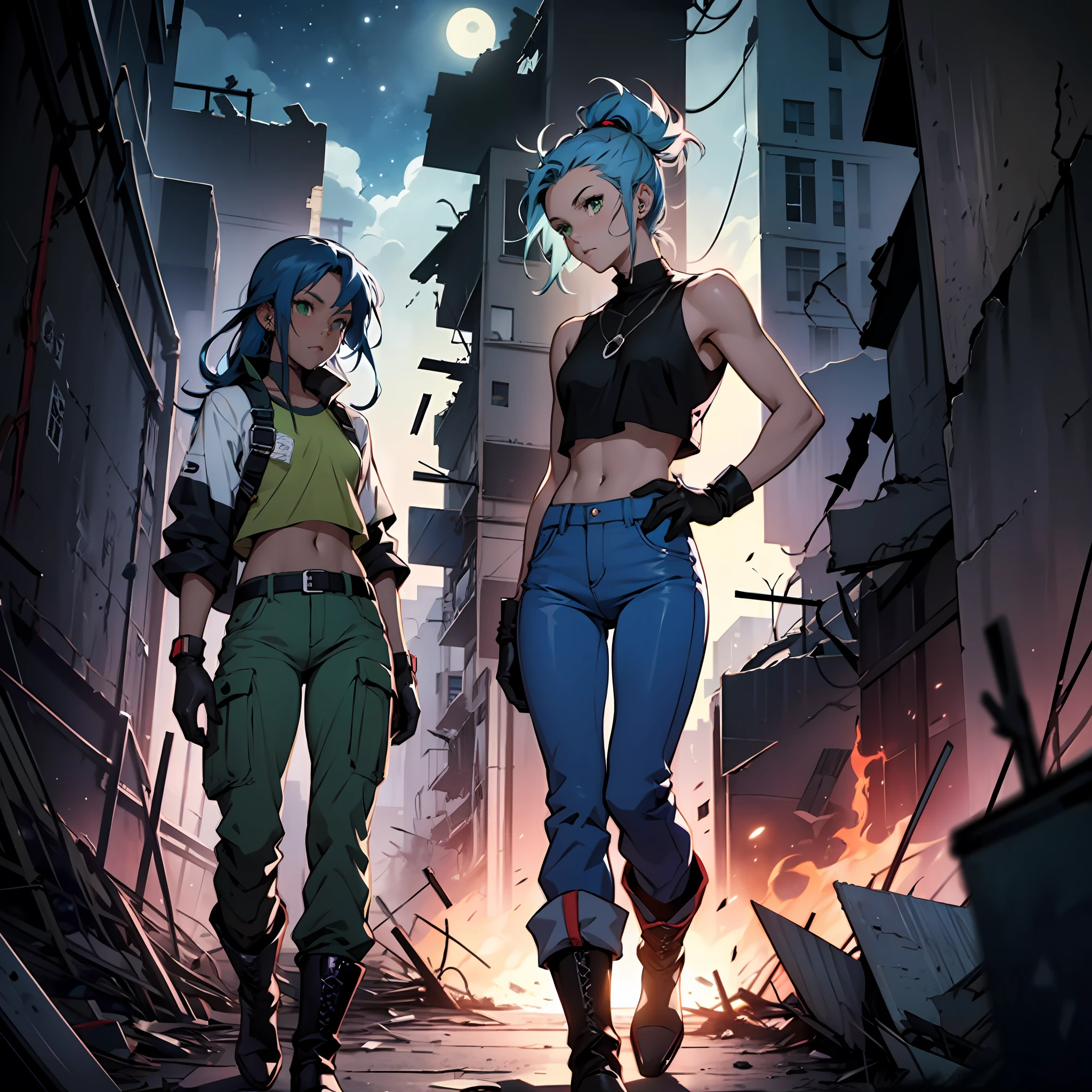 (1girl), A girl, small chest, blue hair, dark long hair disheveled, brown skin, green eyes, blue pants, high black boots, black croptop, high black gloves, young, apocalyptic background, Ruins, destroyed city, night, anime, 2d, cartoon, comic --maturemalemix