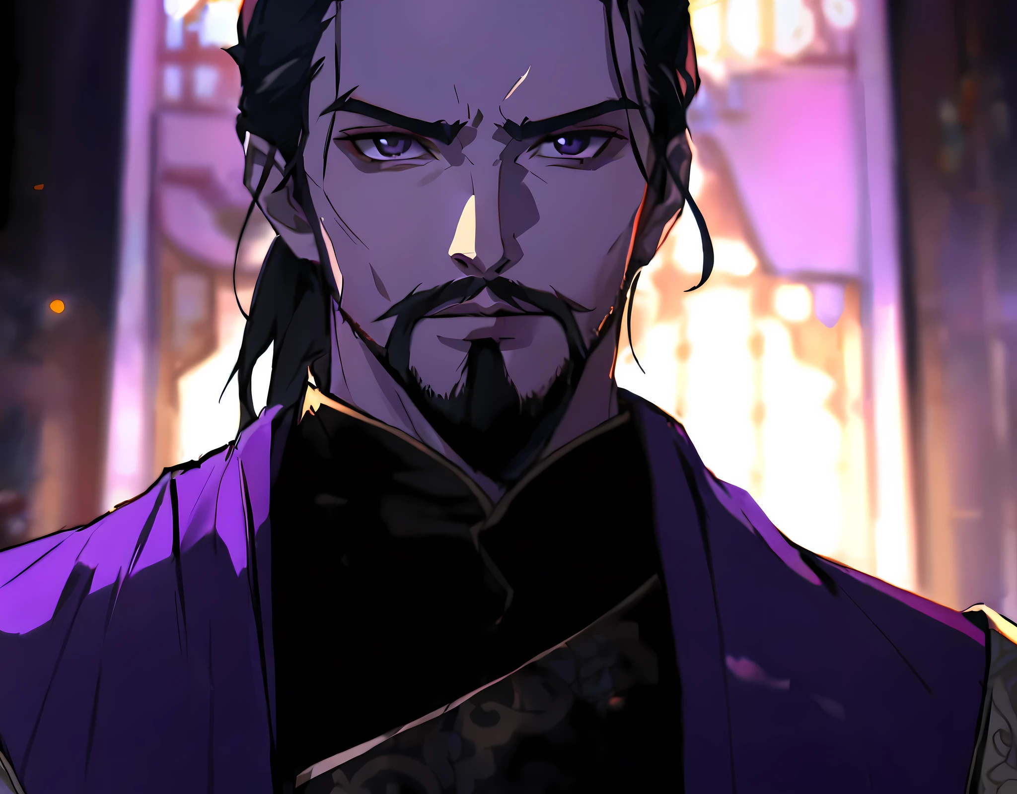 a close up of a man with a beard and a purple jacket, handsome guy in demon slayer art, zhongli from genshin impact, hanzo from overwatch, heise jinyao, keqing from genshin impact, inspired by Wu Daozi, inspired by Cao Zhibai, bian lian, inspired by Huang Shen, inspired by Zhao Mengfu