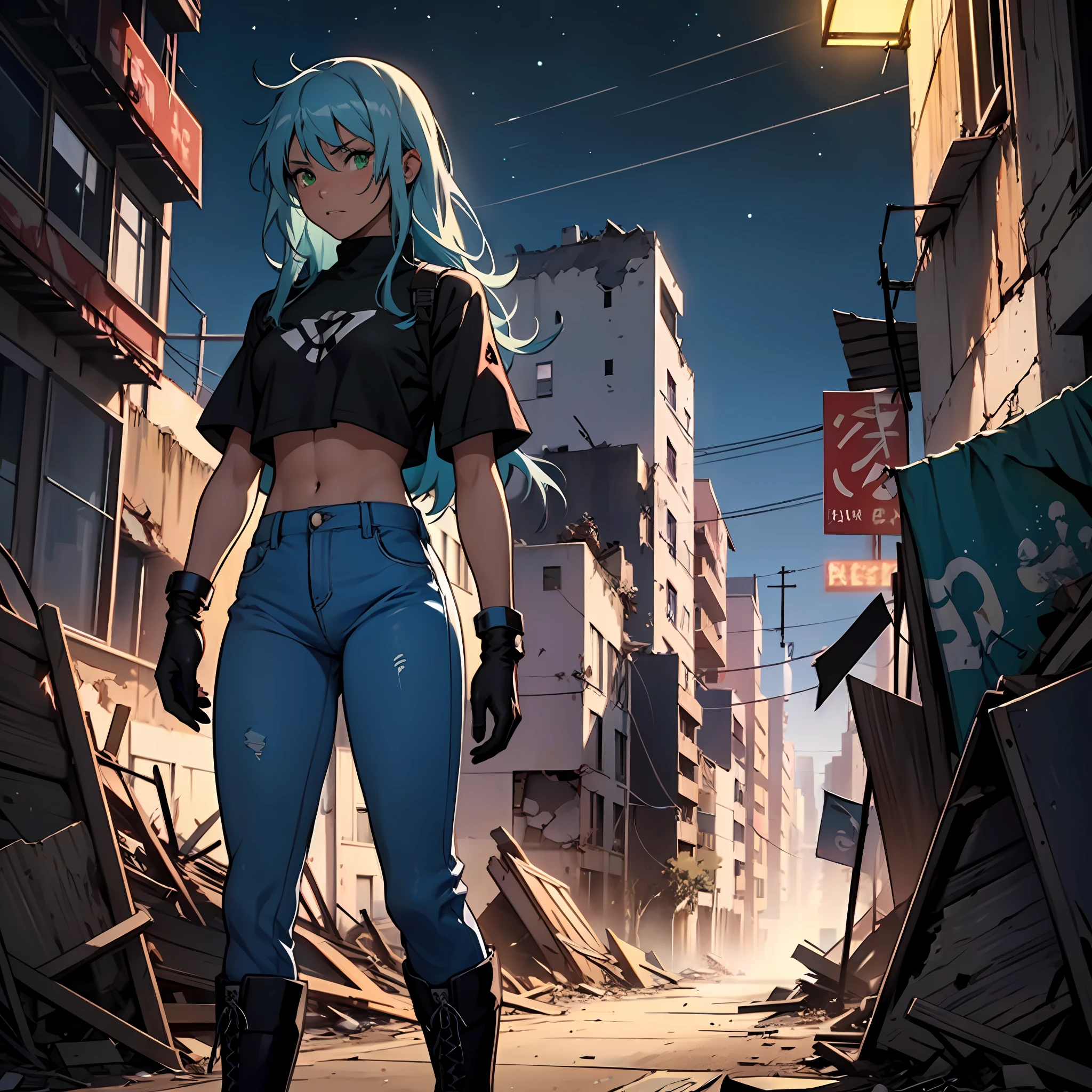 (1girl), A girl, small chest, blue hair, dark long hair disheveled, brown skin, green eyes, blue pants, high black boots, black croptop, high black gloves, young, apocalyptic background, Ruins, destroyed city, night, anime, 2d, cartoon, comic --maturemalemix